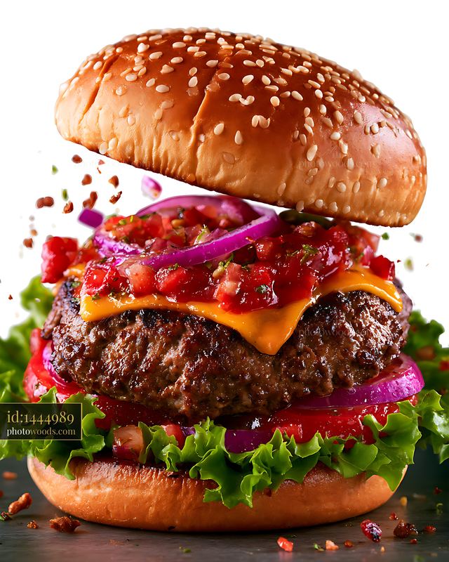 Gourmet cheeseburger with sesame bun and fresh vegetables