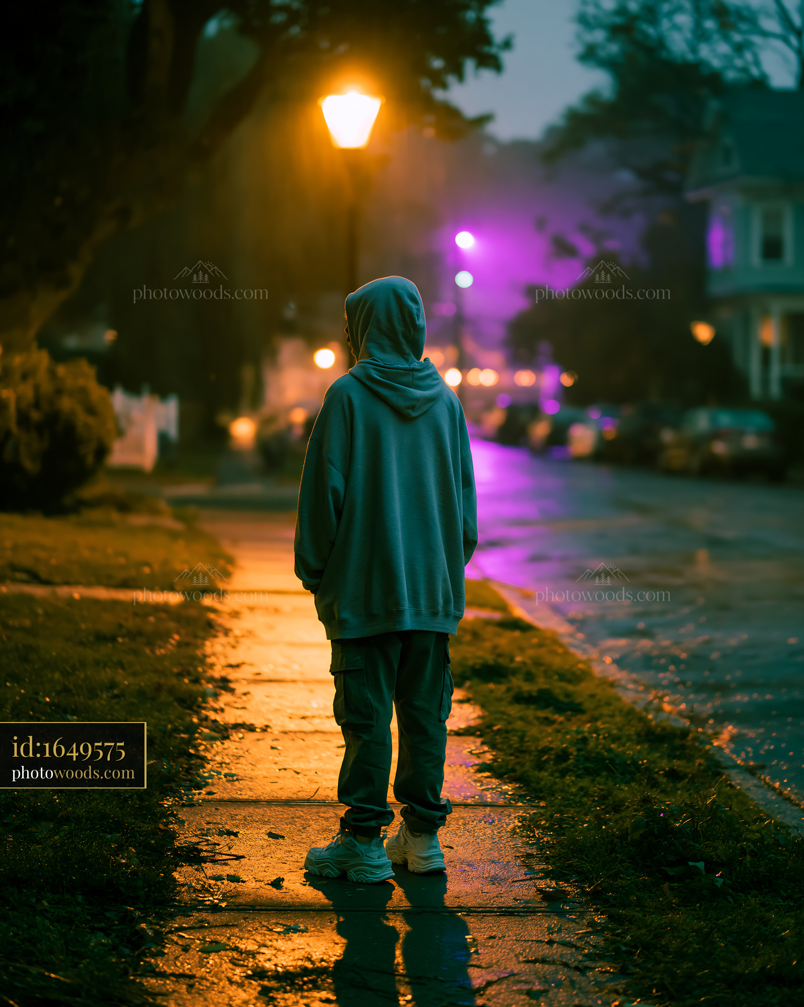 Confident Young Man in Oversized Hoodie Walking at Night