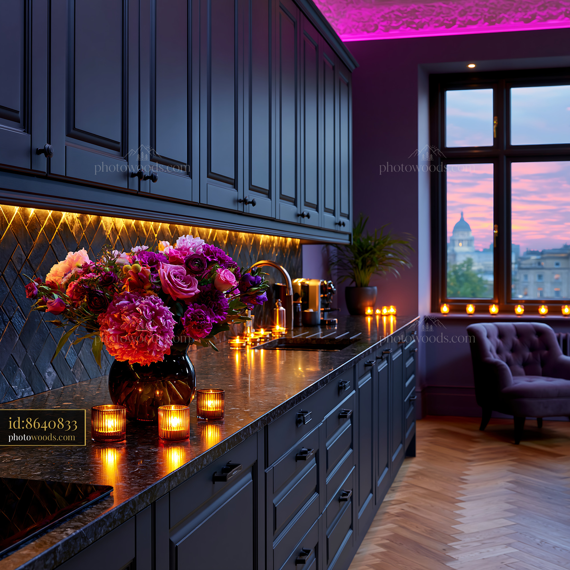 Luxury Black Kitchen With Flowers and Purple Lighting at Sunset