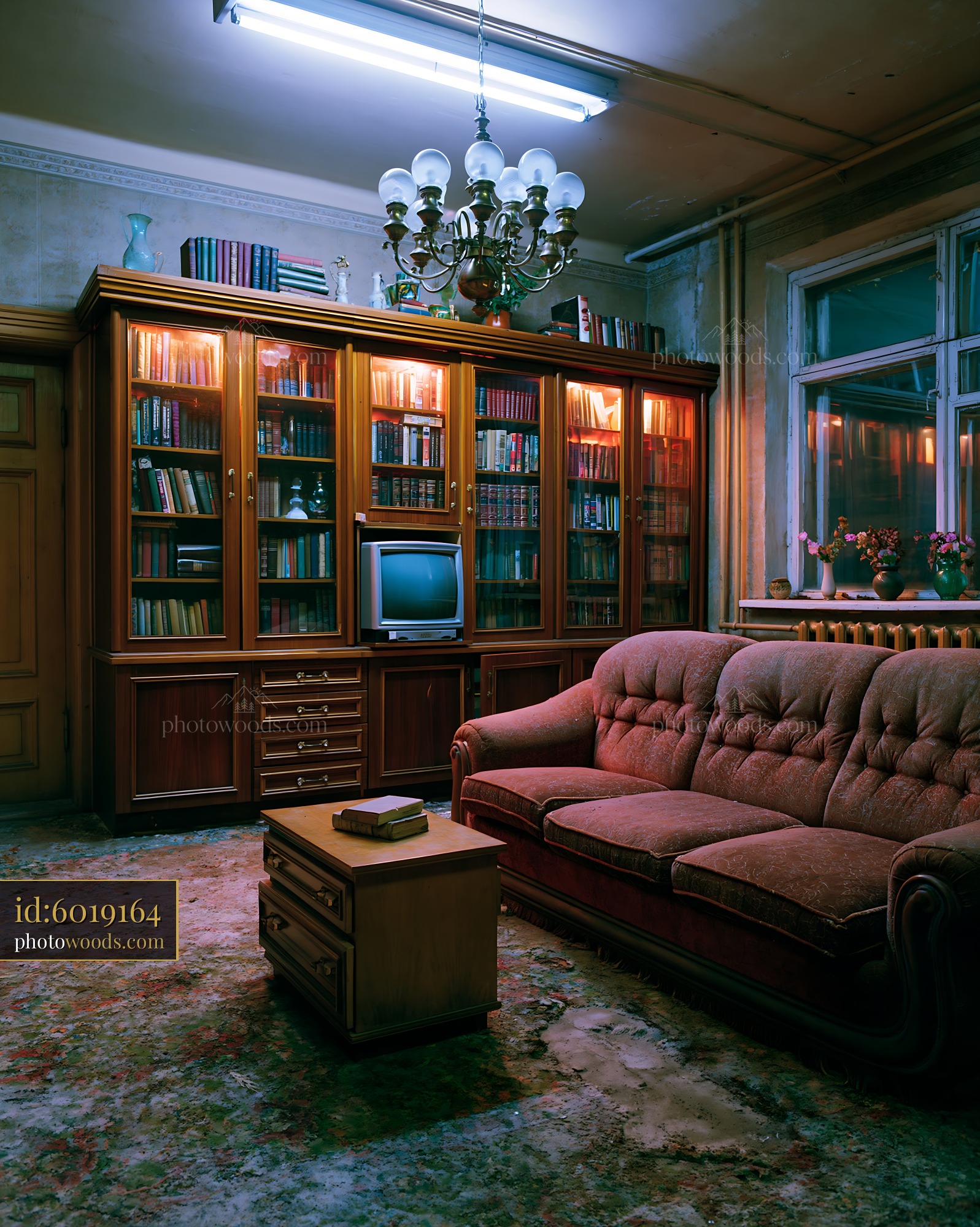 Worn Soviet Living Room With Dark Furniture in Vintage Style