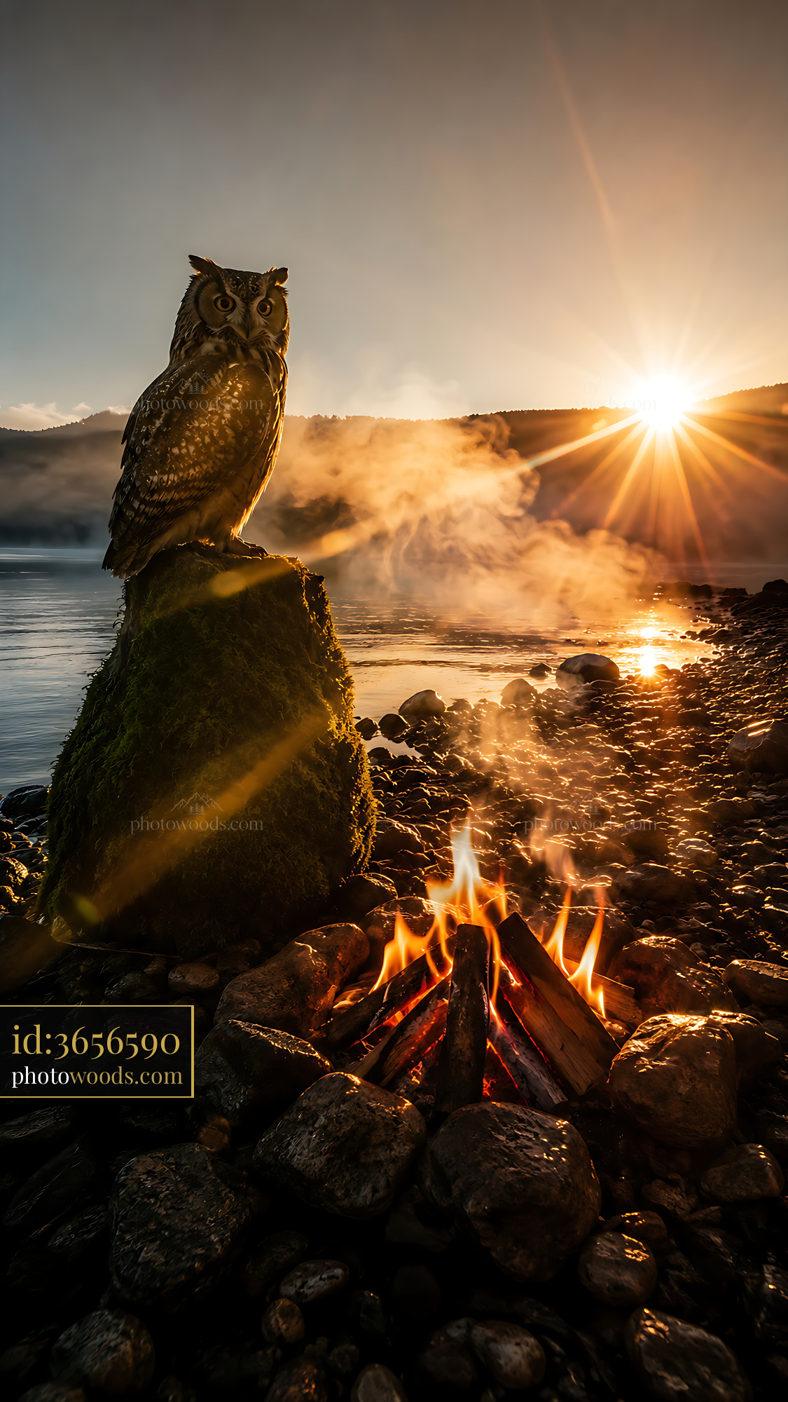 Owl Perched on a Rock Near a Campfire at Sunrise