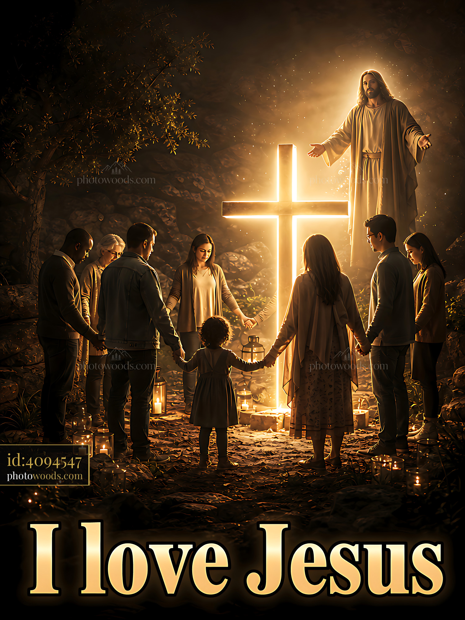 Group of People Standing Near Glowing Cross Celebrating Faith