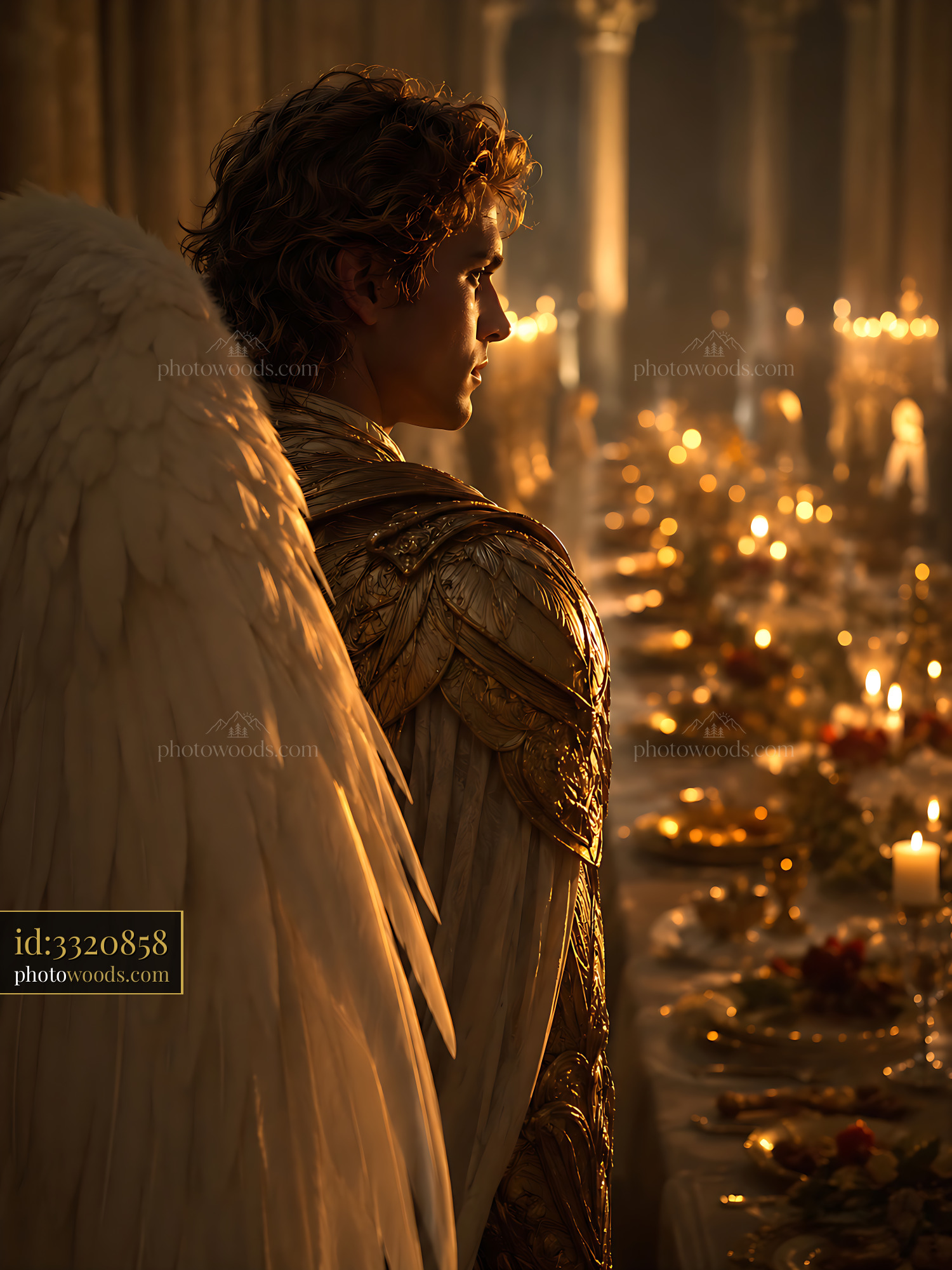 An Angel Figure is Seen in Profile Within a Large Hall