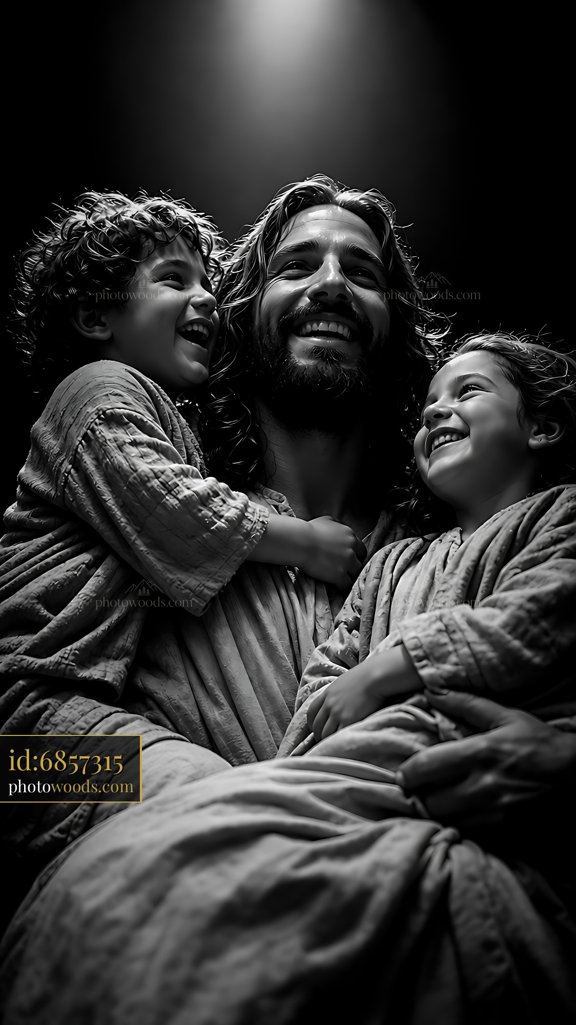 Jesus Smiles With Children in Simple Clothing at Home Setting