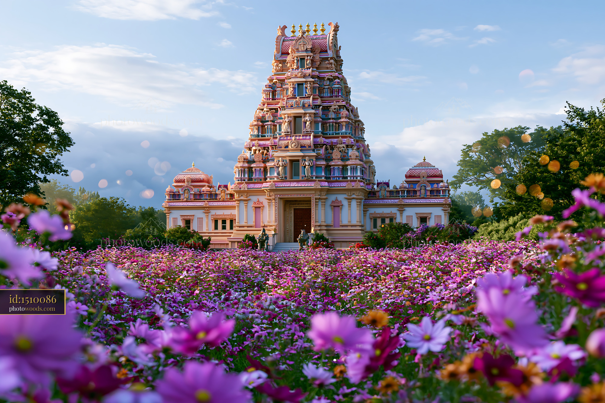 Temple Surrounded by Blooming Flowers in Vibrant Landscape