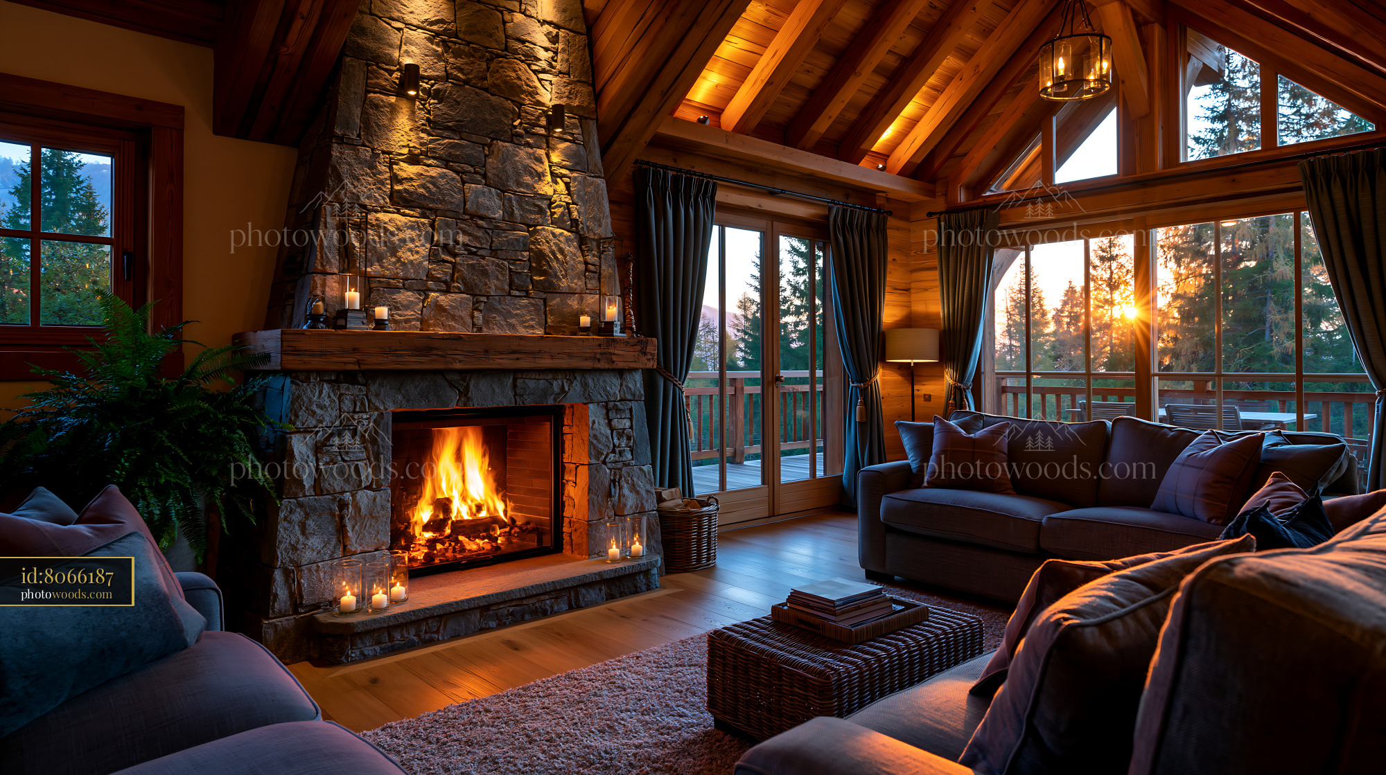 Chalet Style Lounge With Stone Fireplace in Warm Evening Light