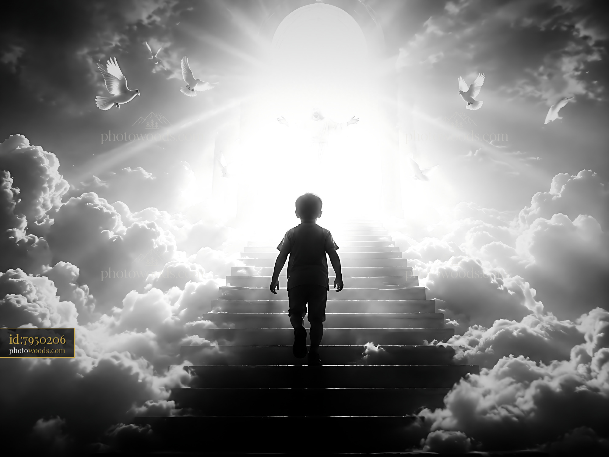 Child Walks up Stairs Towards Bright Light in Cloudy Setting