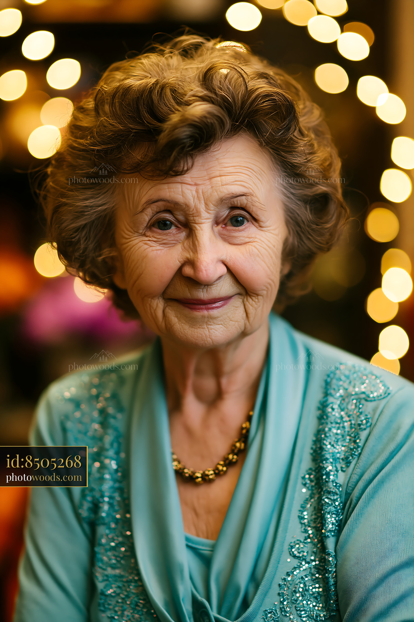 Elderly Woman Smiles in a Blue Outfit With Warm Lights Behind
