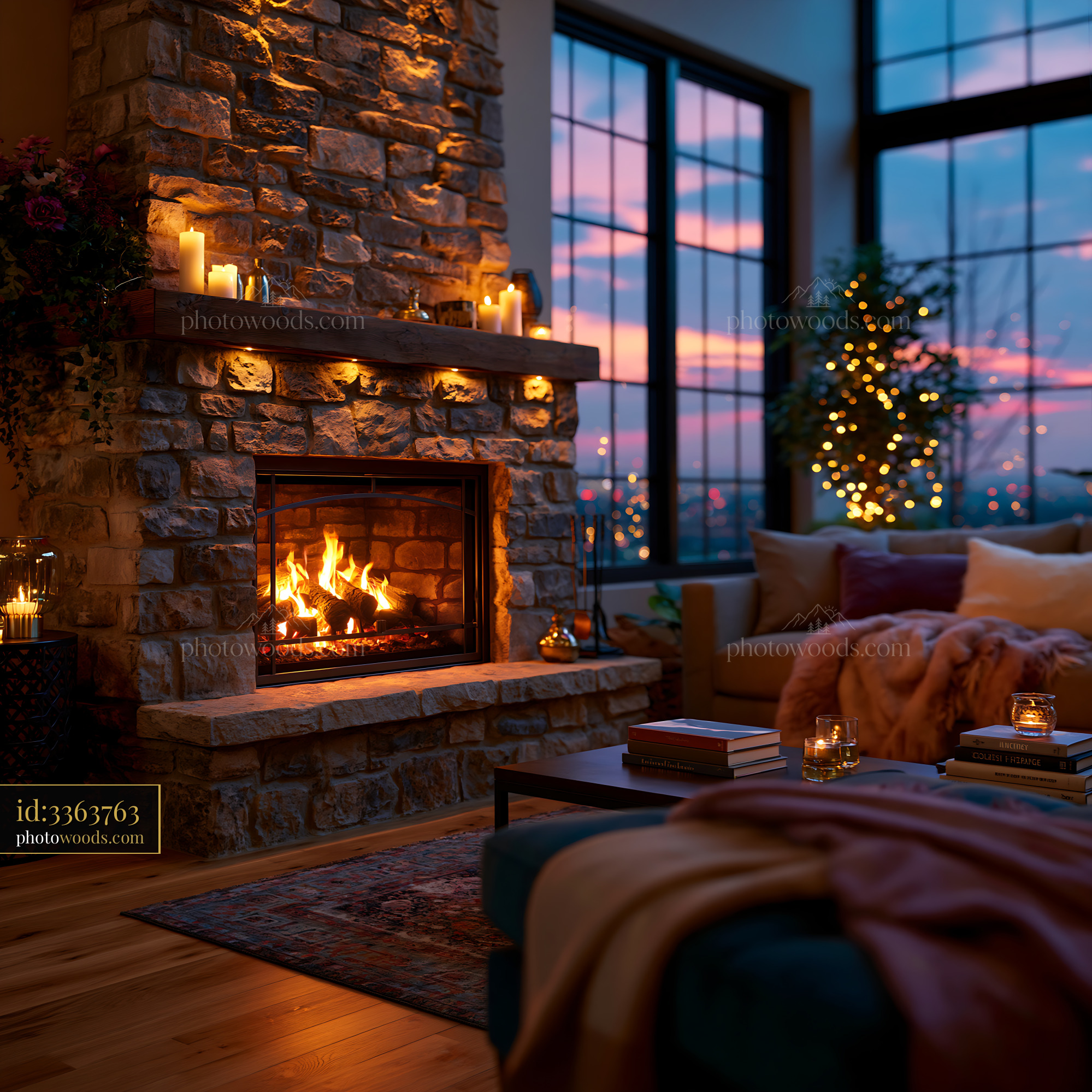 Cozy Lounge With Stone Fireplace During Sunset