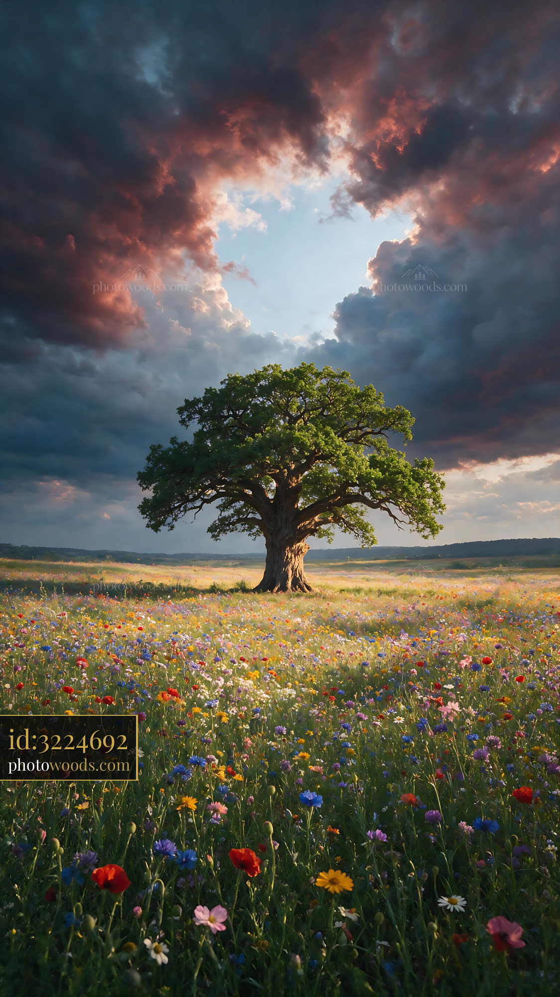 Wildflower Meadow With Oak Tree Under Dramatic Clouds