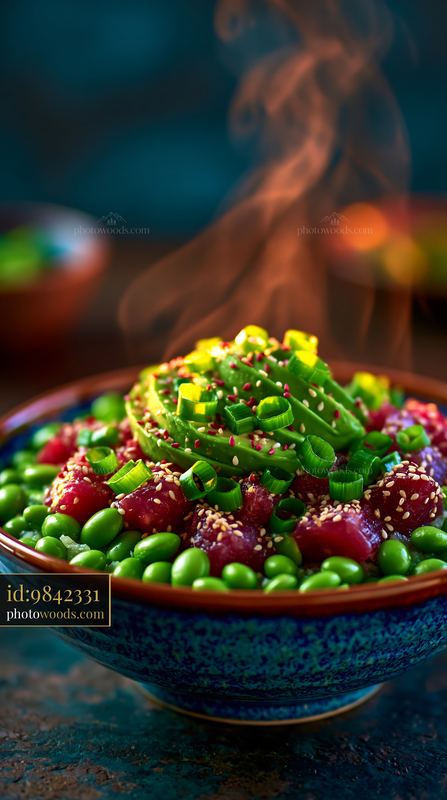 Colorful Poke Bowl With Tuna, Avocado, and Edamame at Sunset