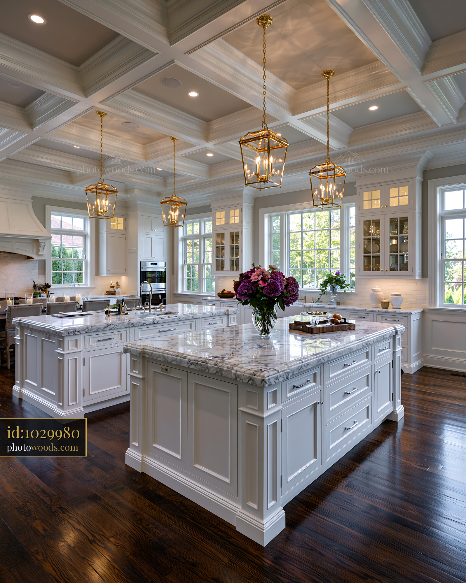 Classic Kitchen Design With Coffered Ceiling and Marble Countertops