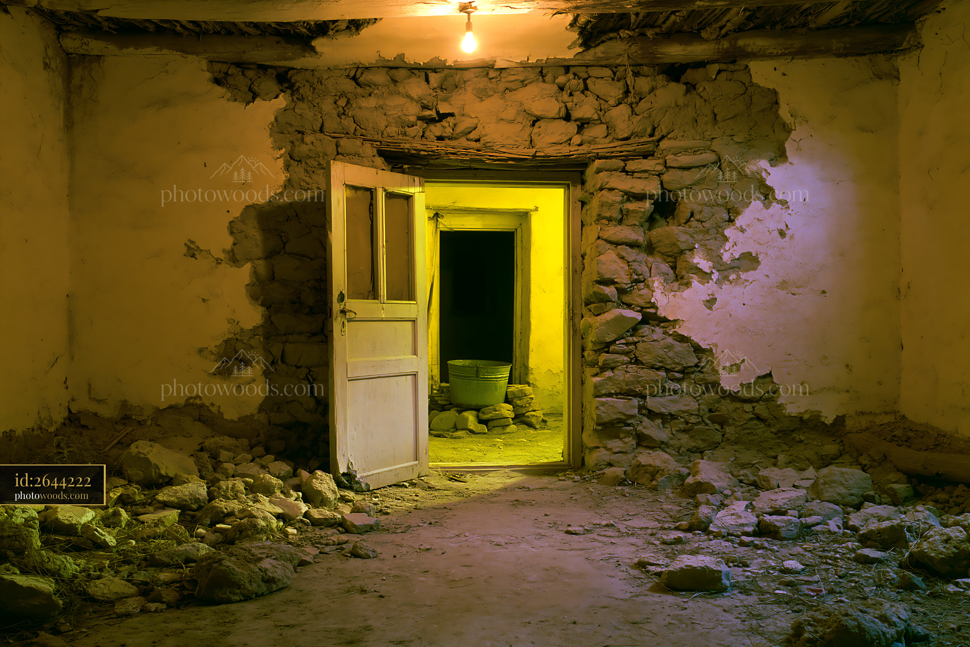 Crumbling Adobe Village House Interior With Open Door