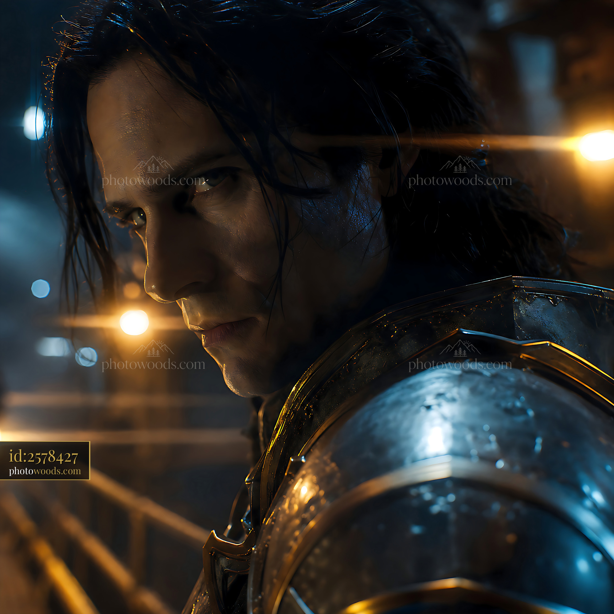 Warrior Stands in Dim Light, Wearing Armor and Looking Serious