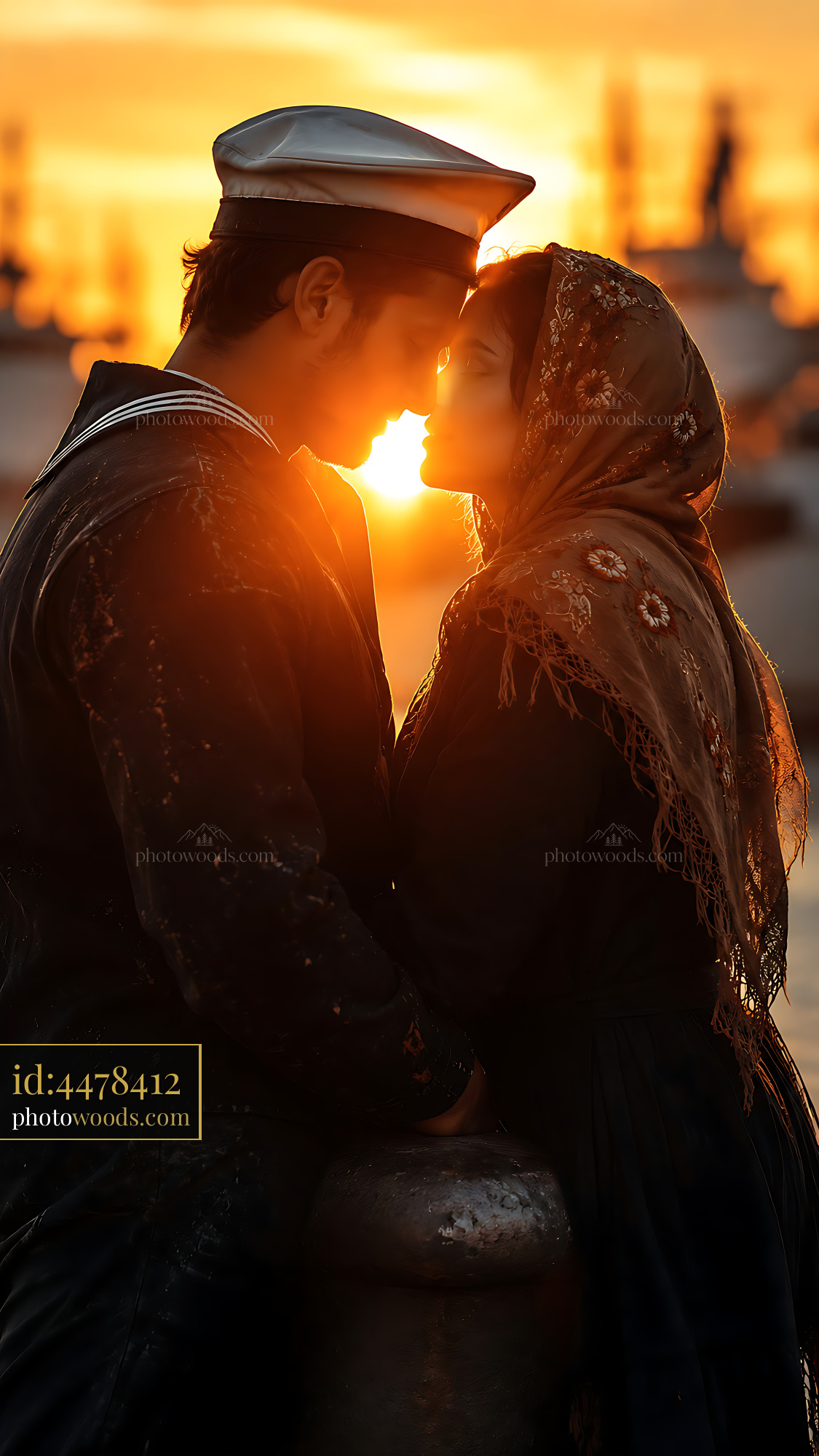 Couple Shares a Tender Moment at Sunset With Ships in Background