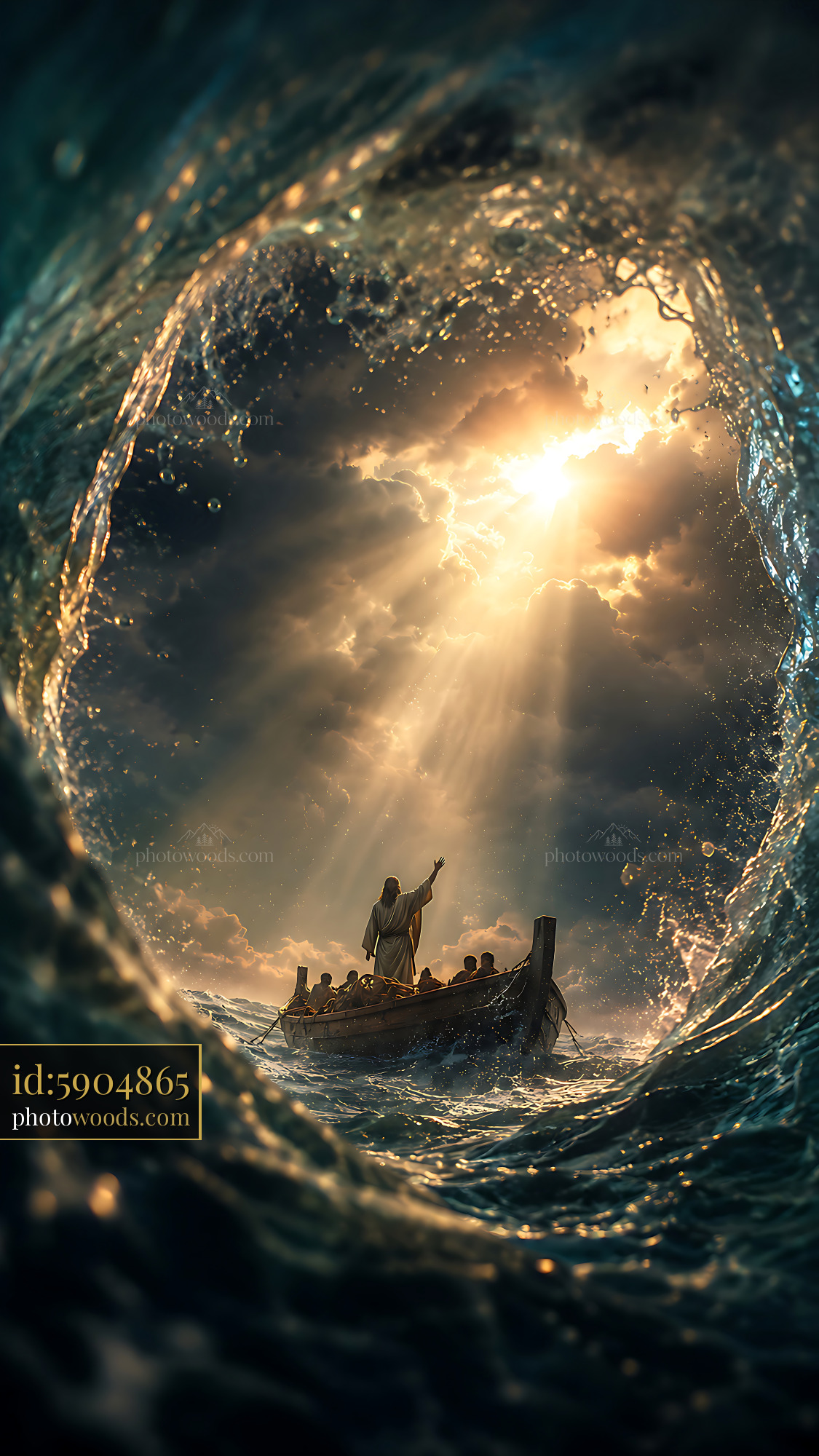 Boat With People on Water Under Light Breaking Through Clouds