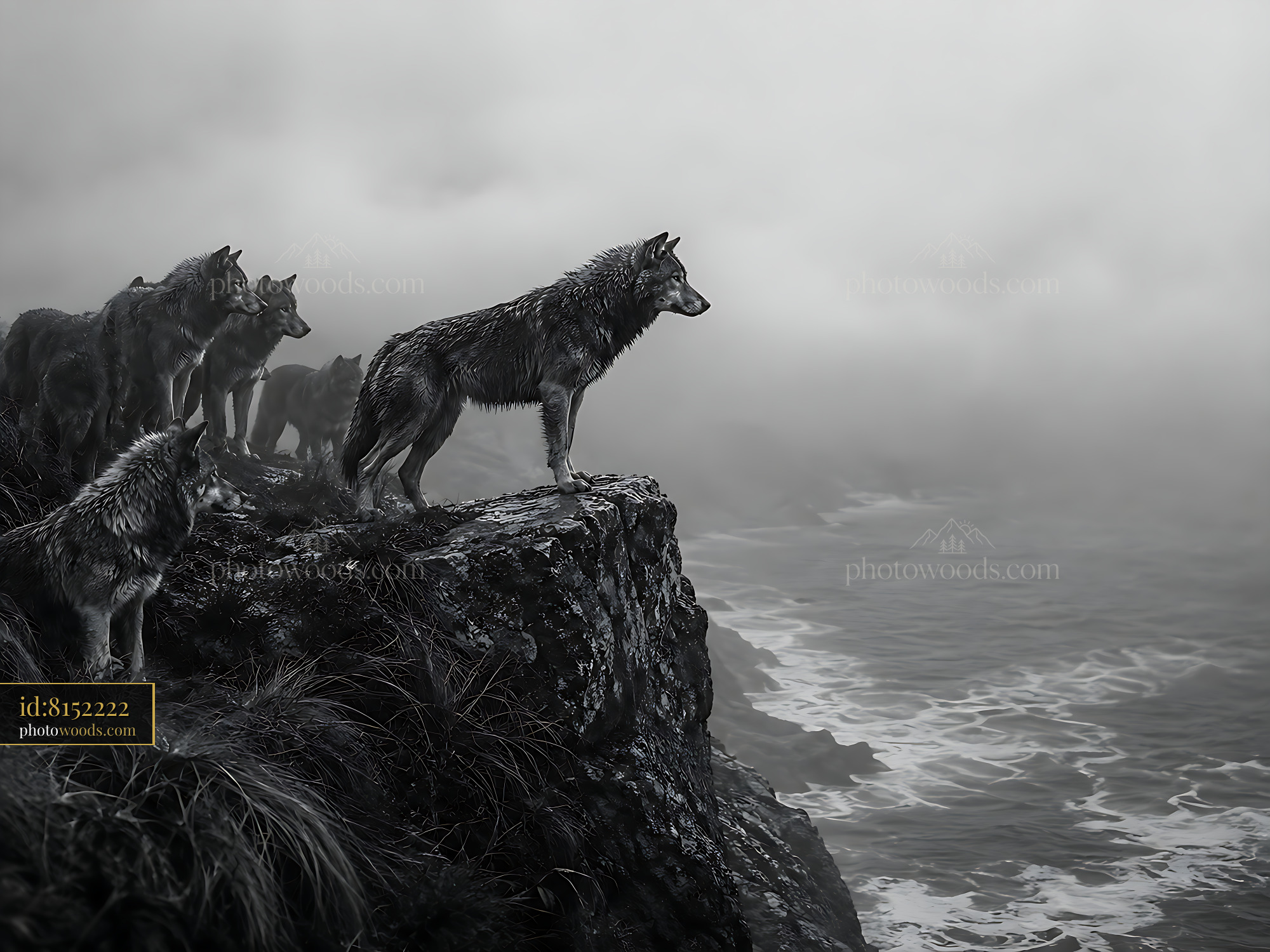 Wolves Stand on a Cliff Overlooking the Ocean Waves