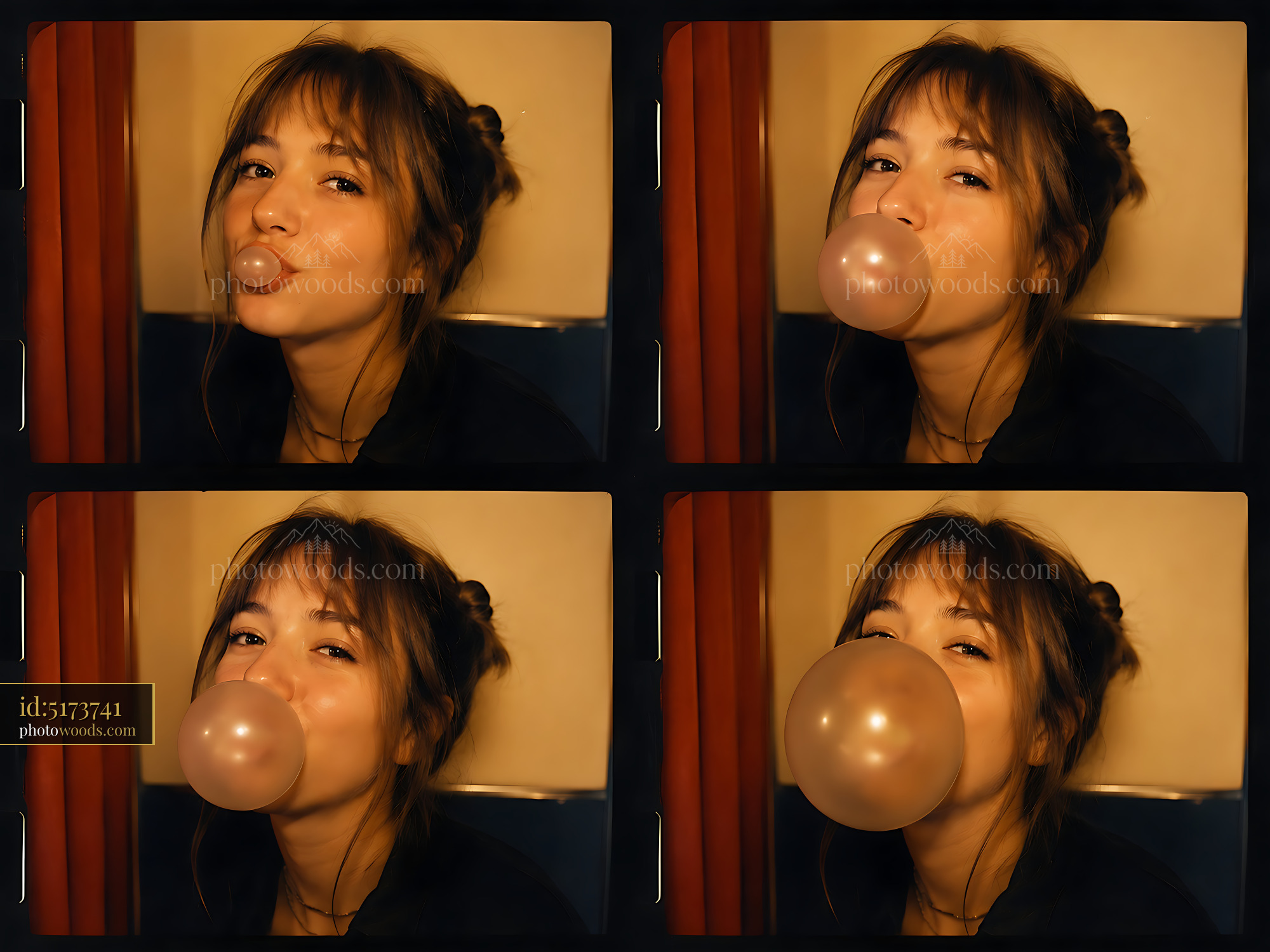 Woman Blowing Bubble Gum While Smiling in a Colorful Room