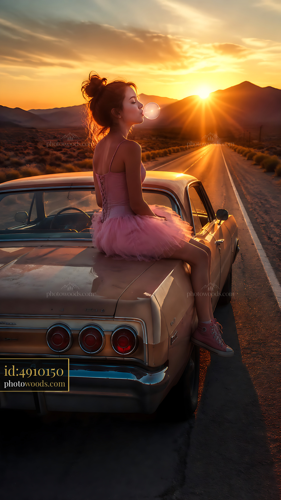 Young Woman Sitting on Classic Car at Sunset in Desert