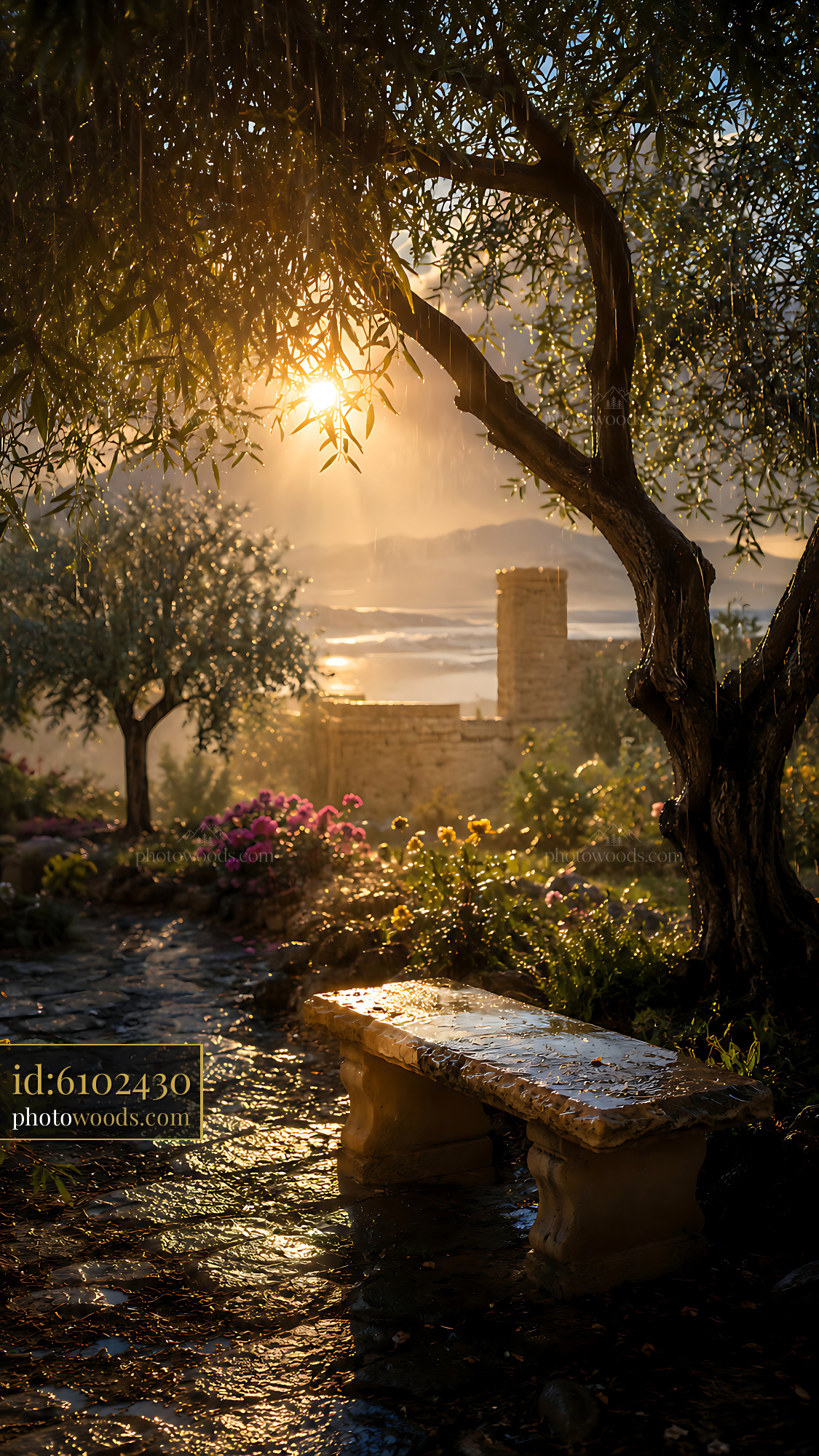 Sunlight Filters Through Trees in a Garden After the Rain