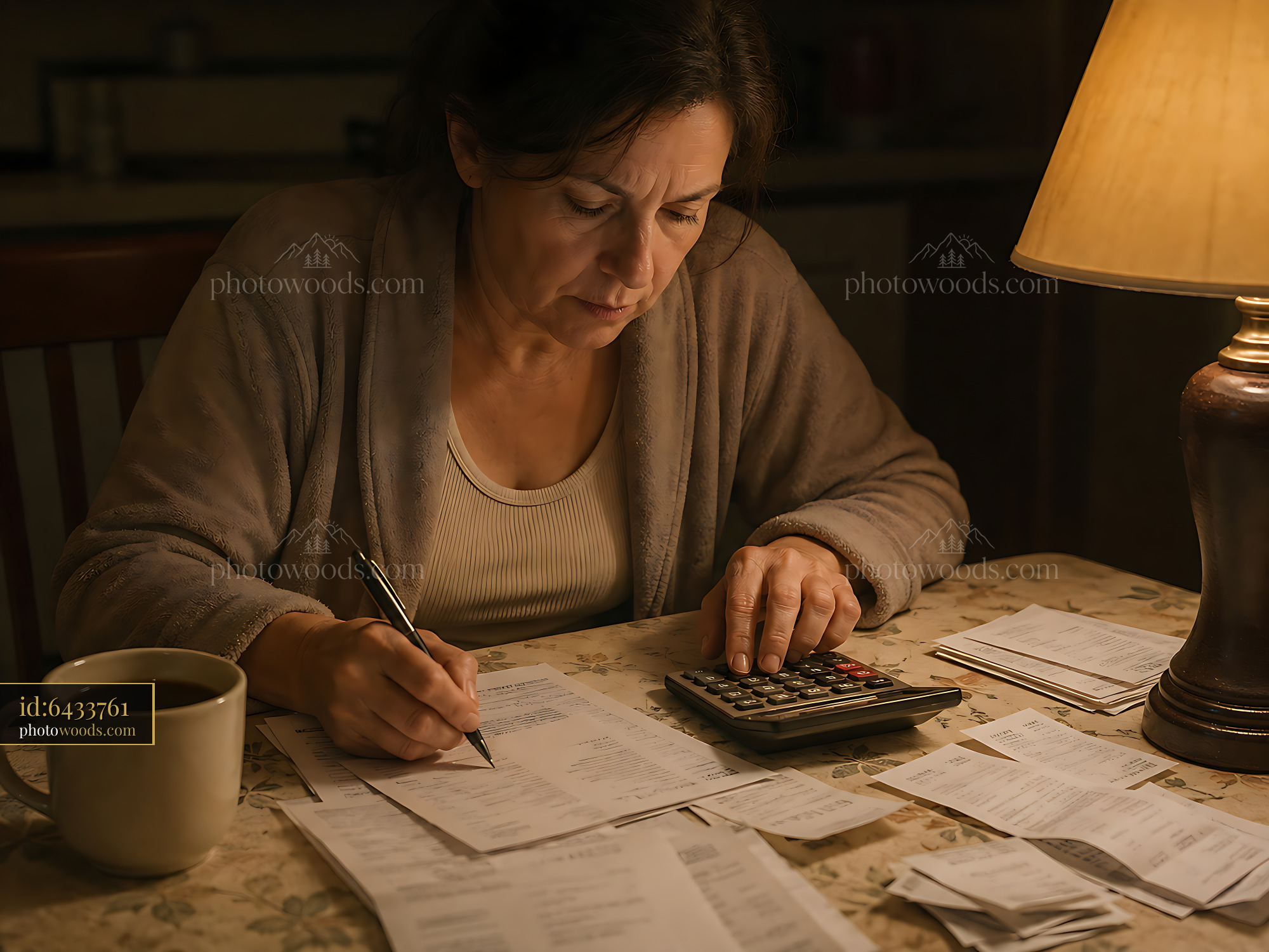 Woman Calculating Expenses at Table With Papers and Lamp
