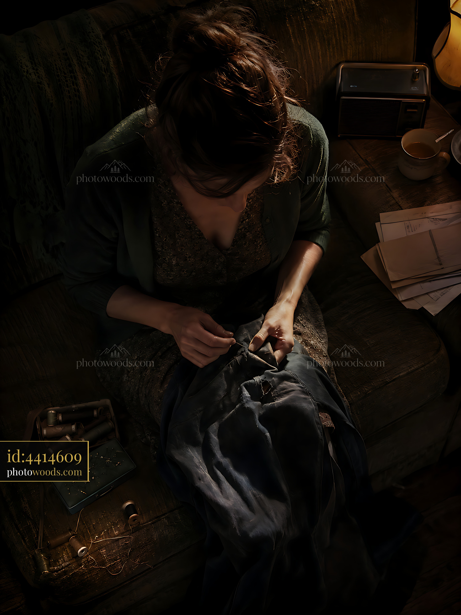 Woman Sewing on a Couch in a Dimly Lit Living Room