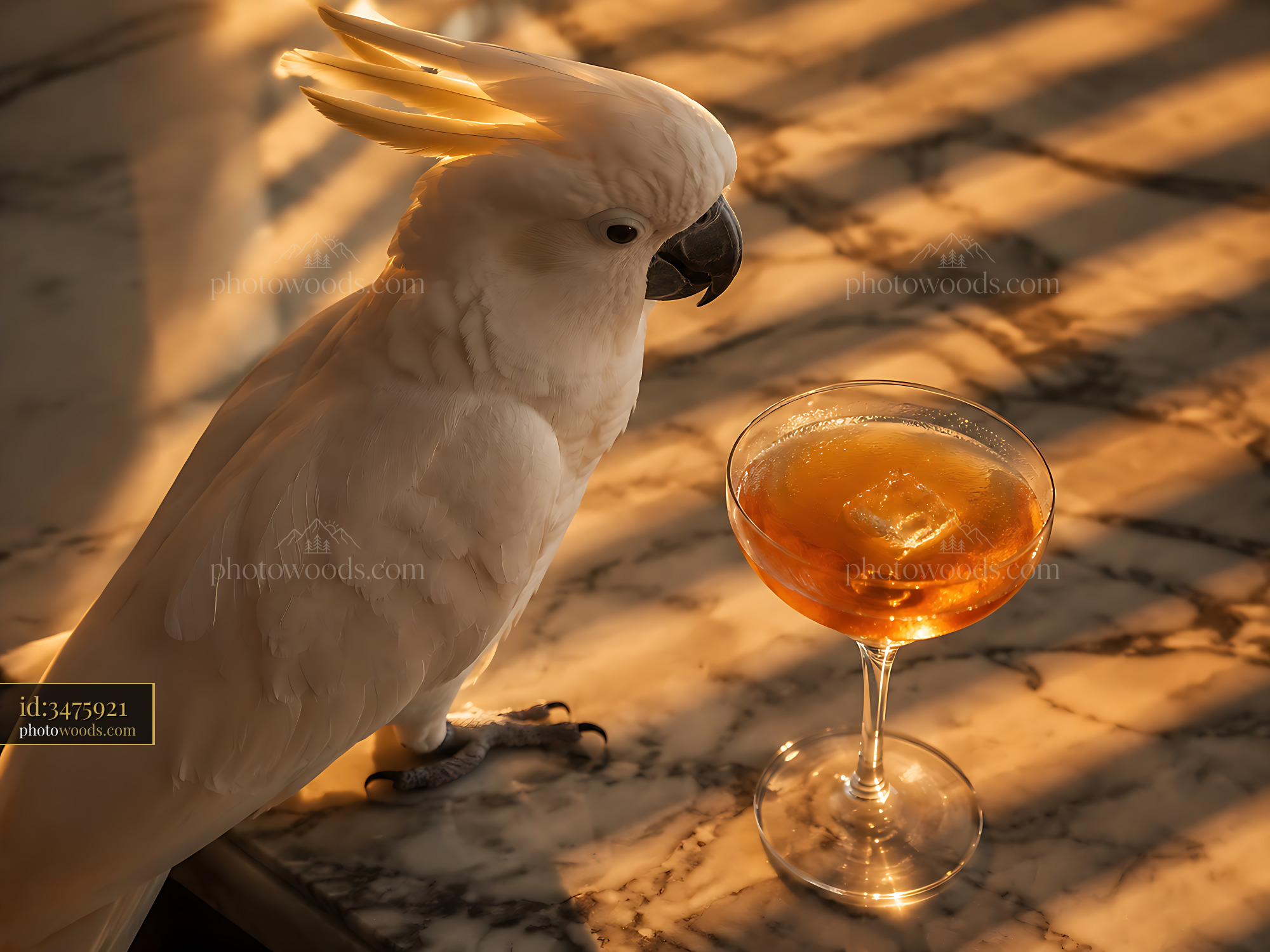 Cockatoo Observes Cocktail on Marble Counter During Sunset