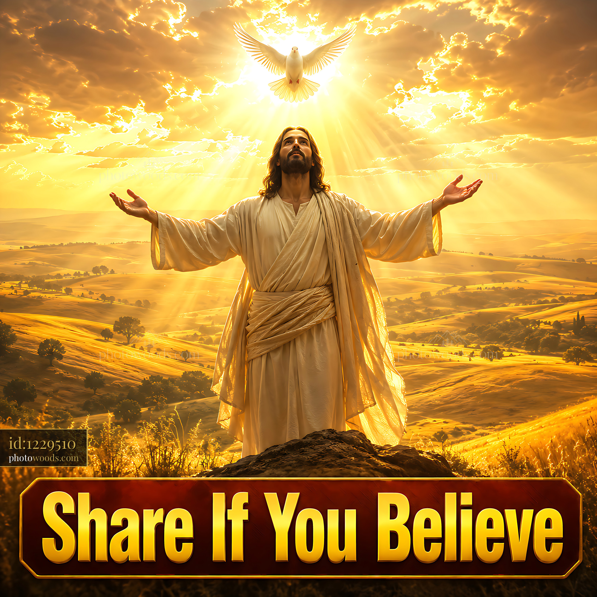 Jesus Stands With Arms Open Wide Under the Sun in Golden Landscape