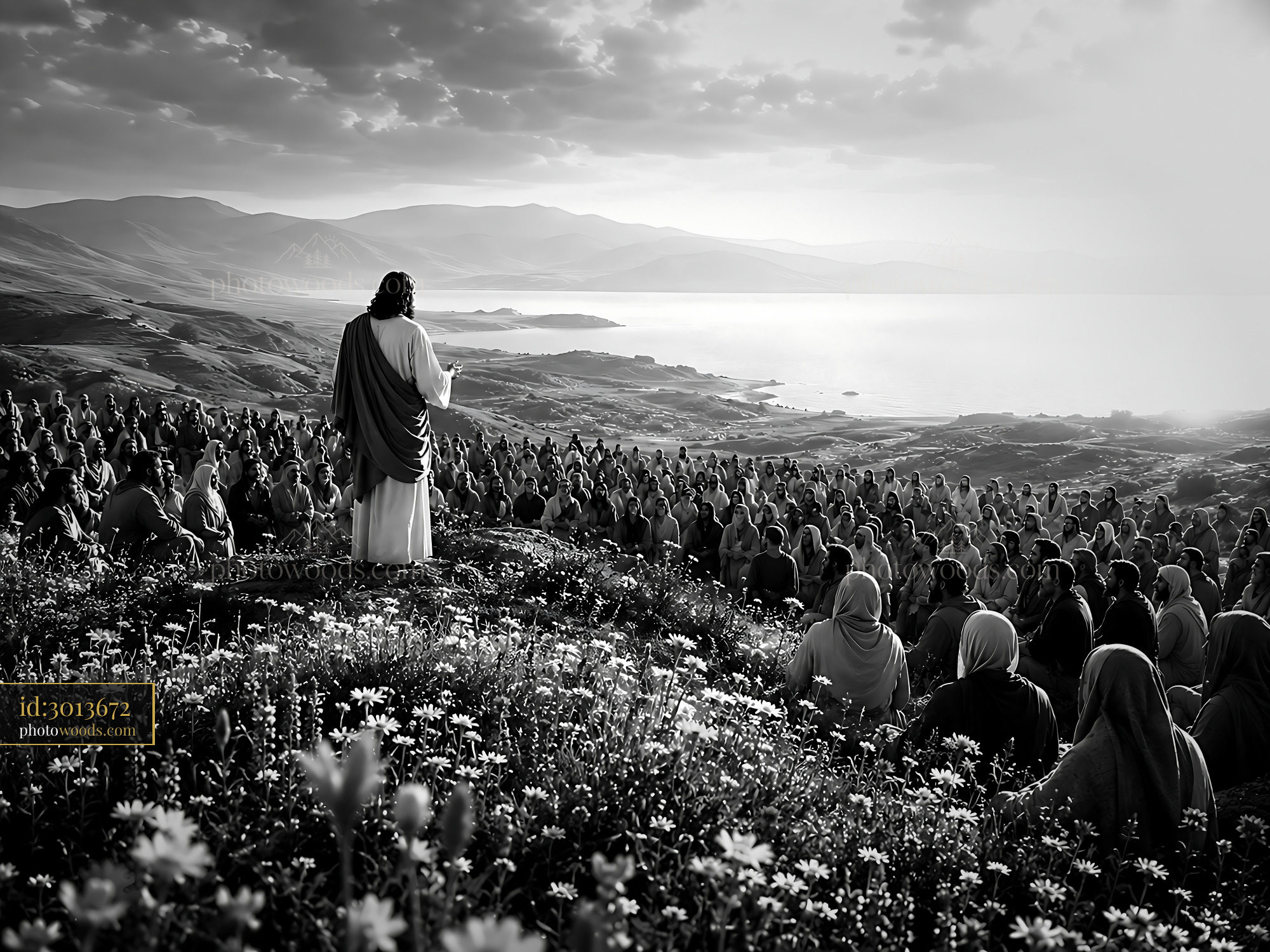 Jesus Speaking to a Crowd on a Hillside Near the Sea