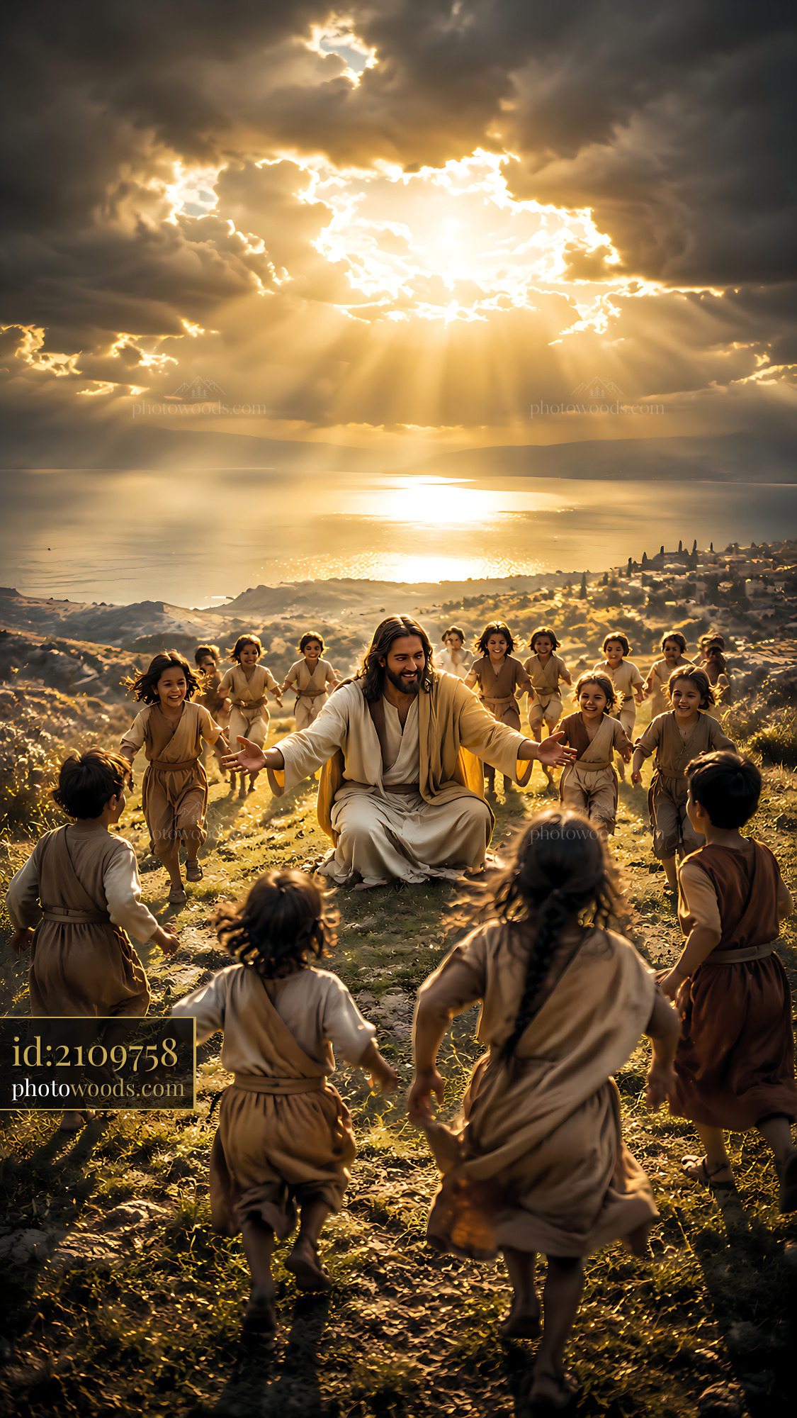 Jesus Interacts With Children on a Hillside During Sunset