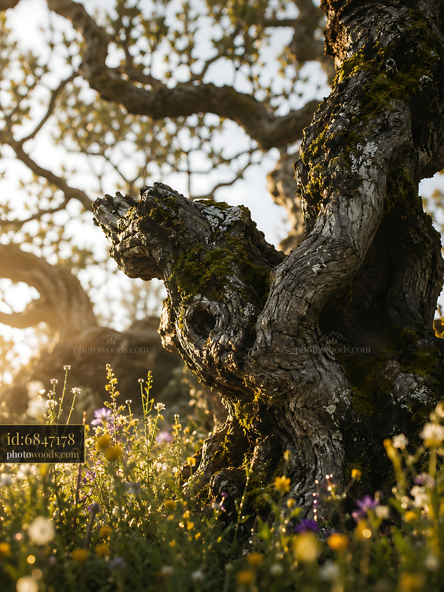 Old Tree Trunk Stands Among Flowers in the Warm Sunlight