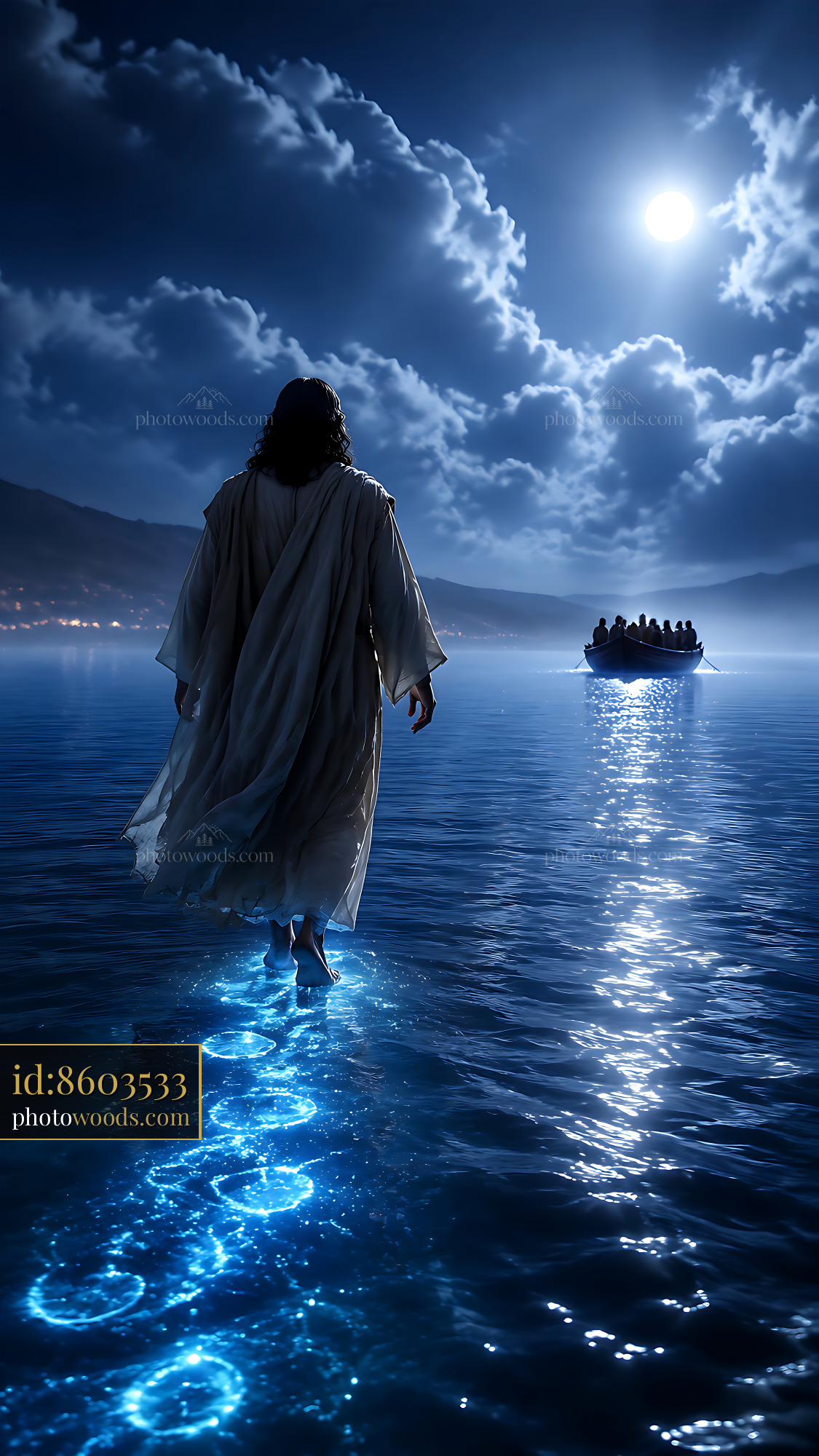 Man Walks on Water at Night With Moonlight and Clouds Above