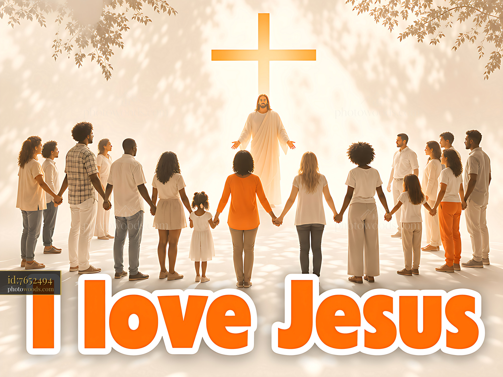 Group of People Holding Hands in Front of a Cross With Jesus