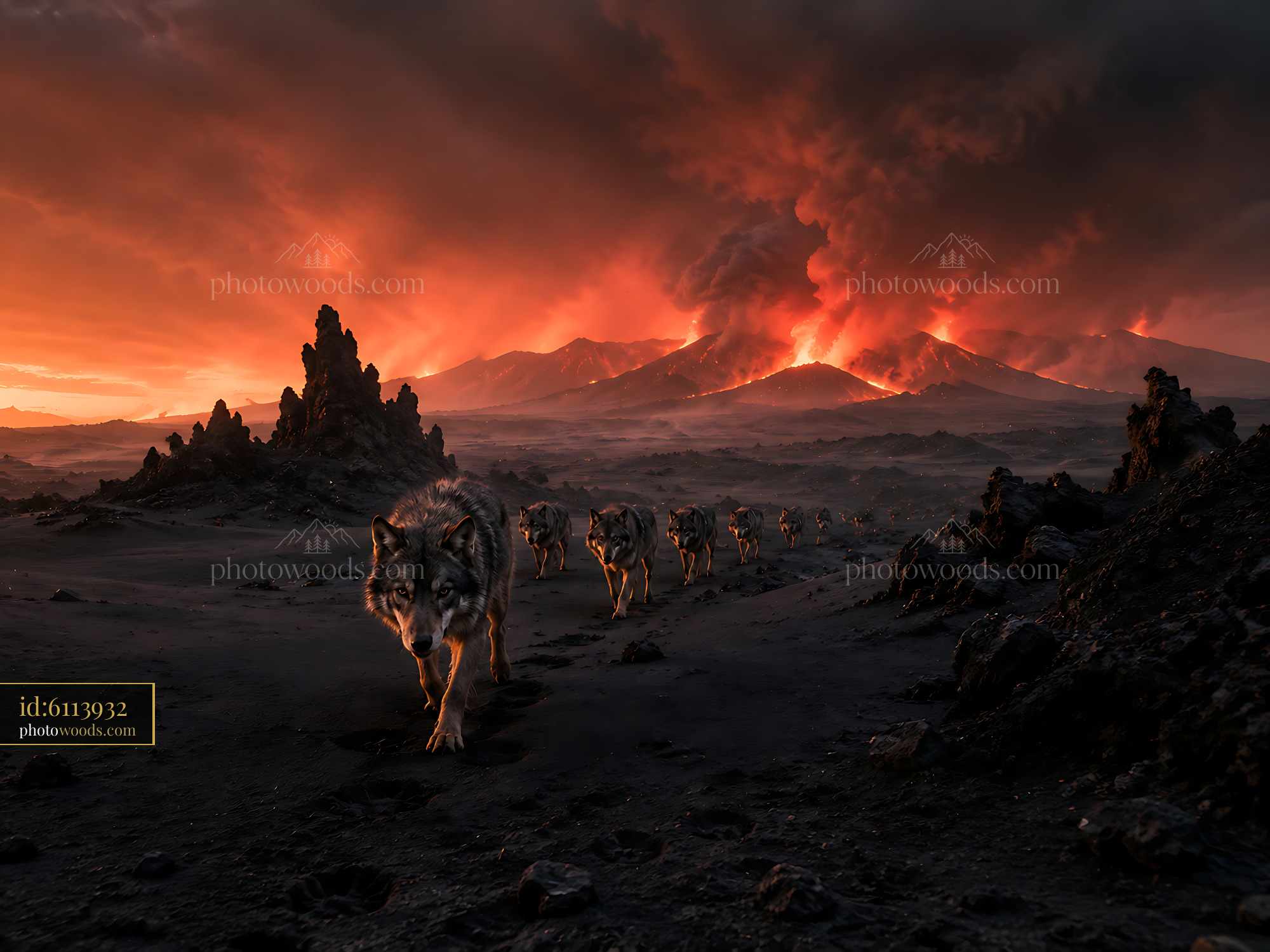 Wolves Walk in a Line Toward an Erupting Volcano at Sunset