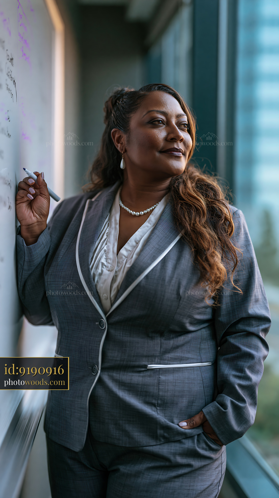 Plus Size Businesswoman in Tailored Suit Standing by Whiteboard