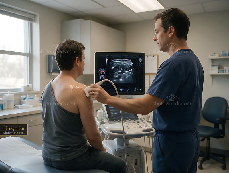 Medical sonographer performing an ultrasound scan in a clinic