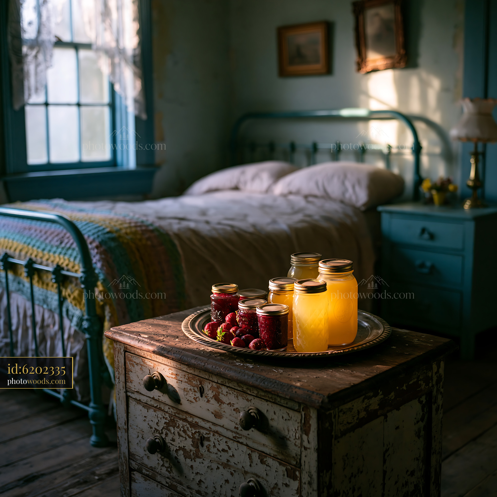 Rustic Bedroom With Iron Frame Bed and Jars on a Wooden Table