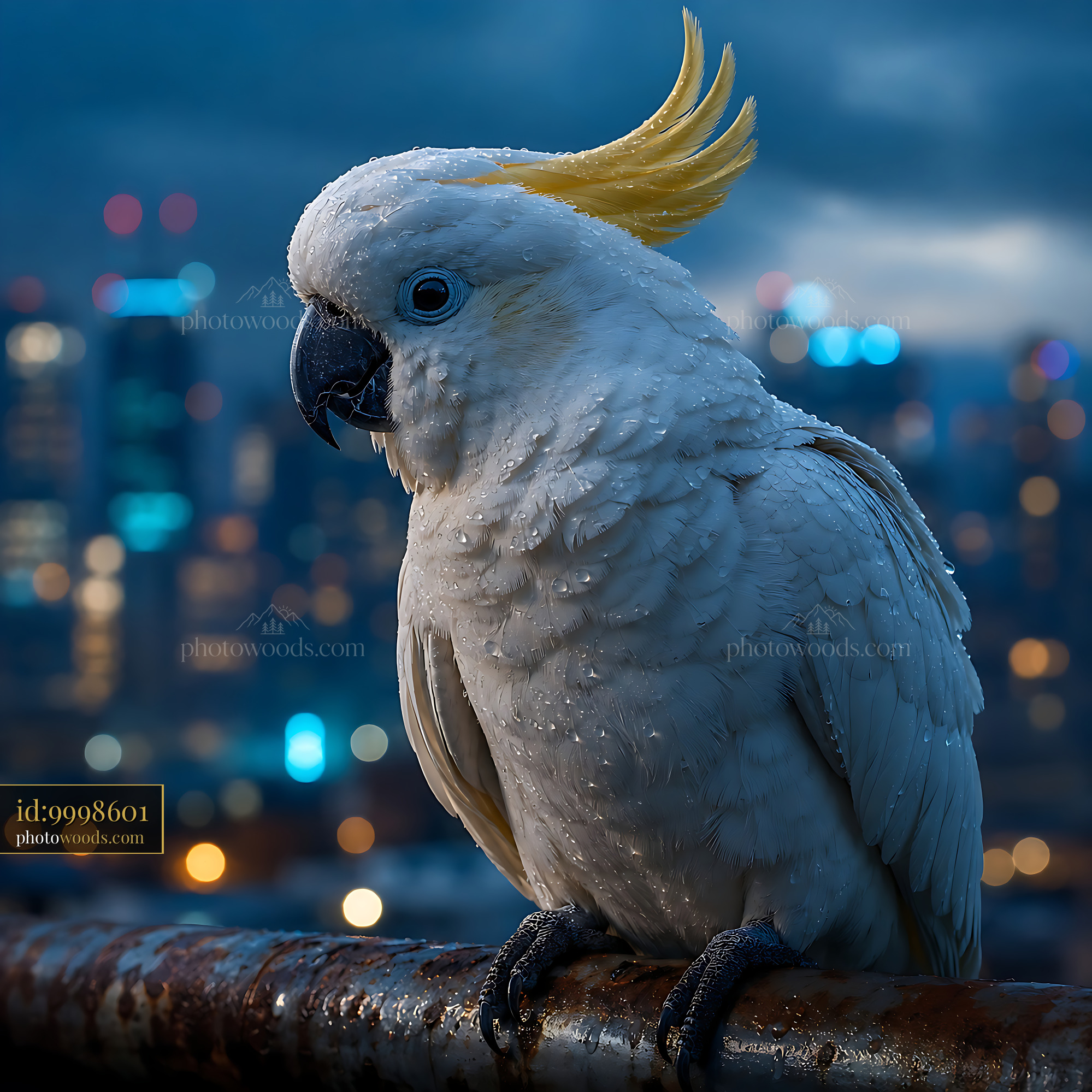 Cockatoo Perched on Railing With City Lights in Background