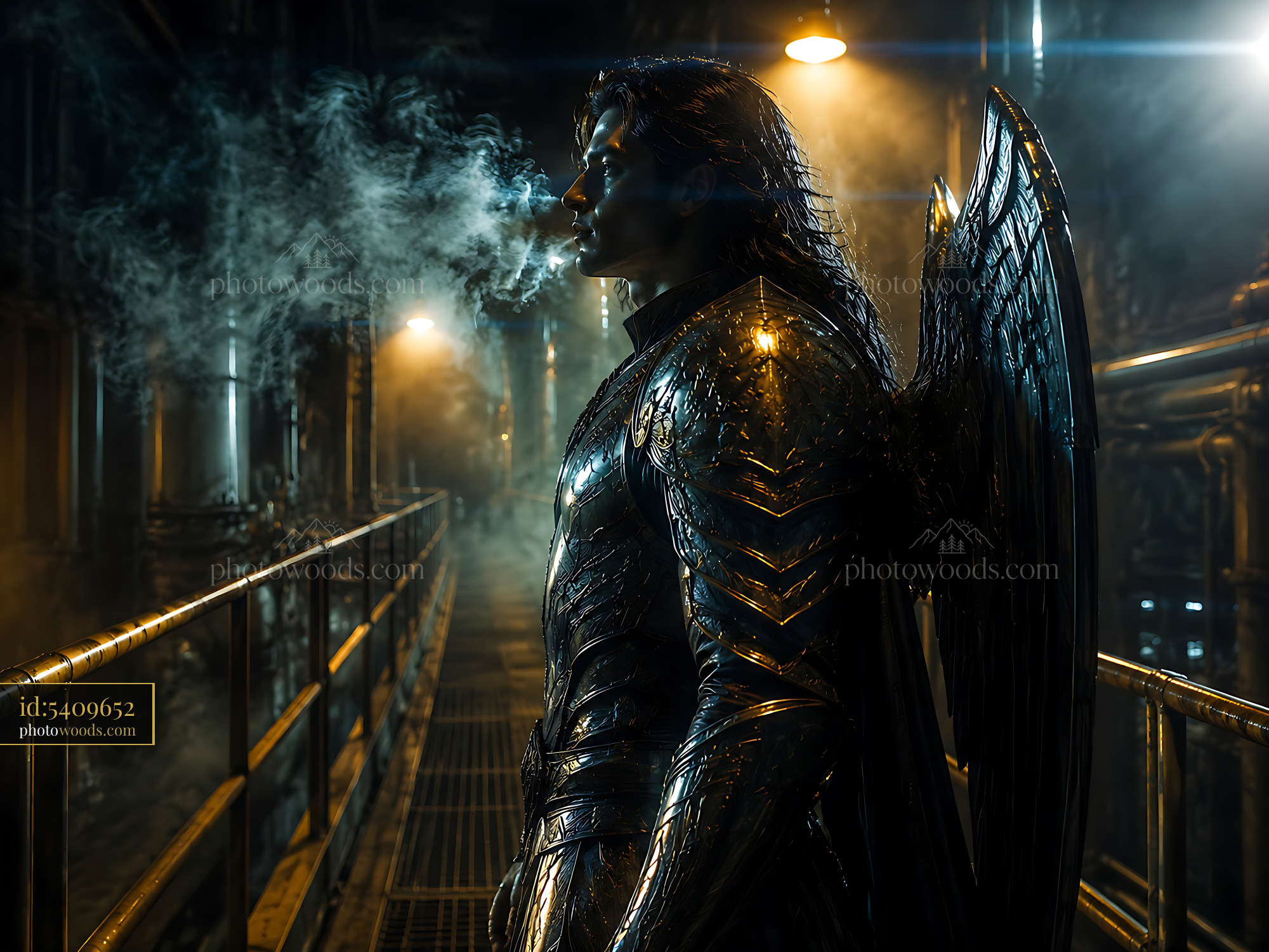 Angel Figure Stands in a Smoky Industrial Setting at Night