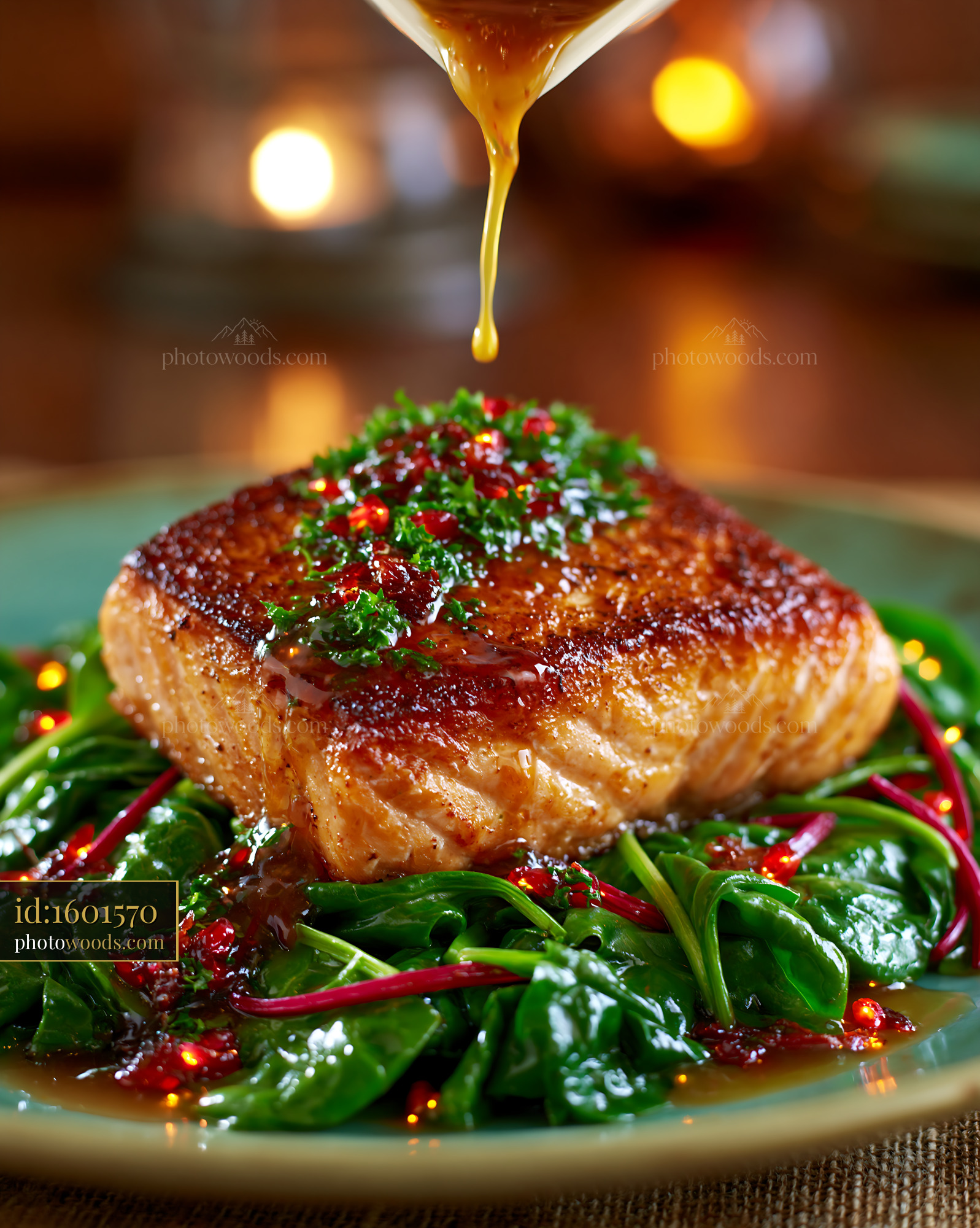 Seared Salmon Fillet With Greens and Sauce