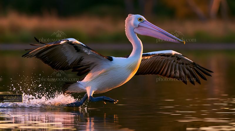 Australian pelican taking flight from a coastal lagoon