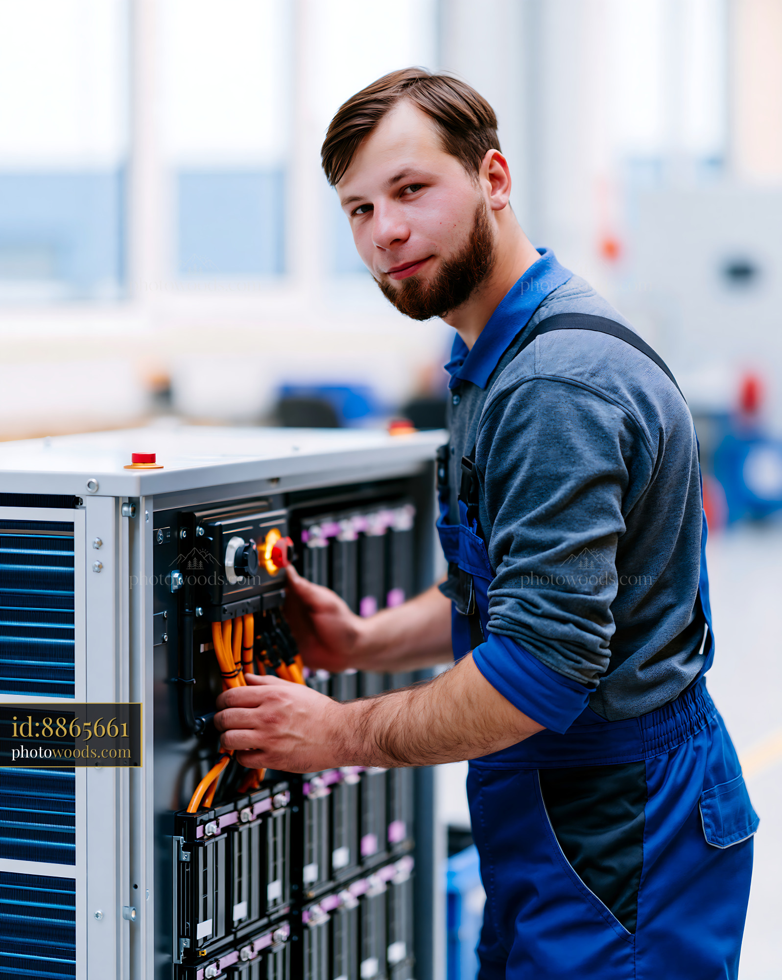 Technician Working on Heat Pump Installation in Industrial Setting