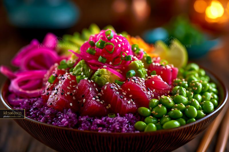 Colorful Poke Bowl With Tuna, Avocado, Edamame and Vegetables