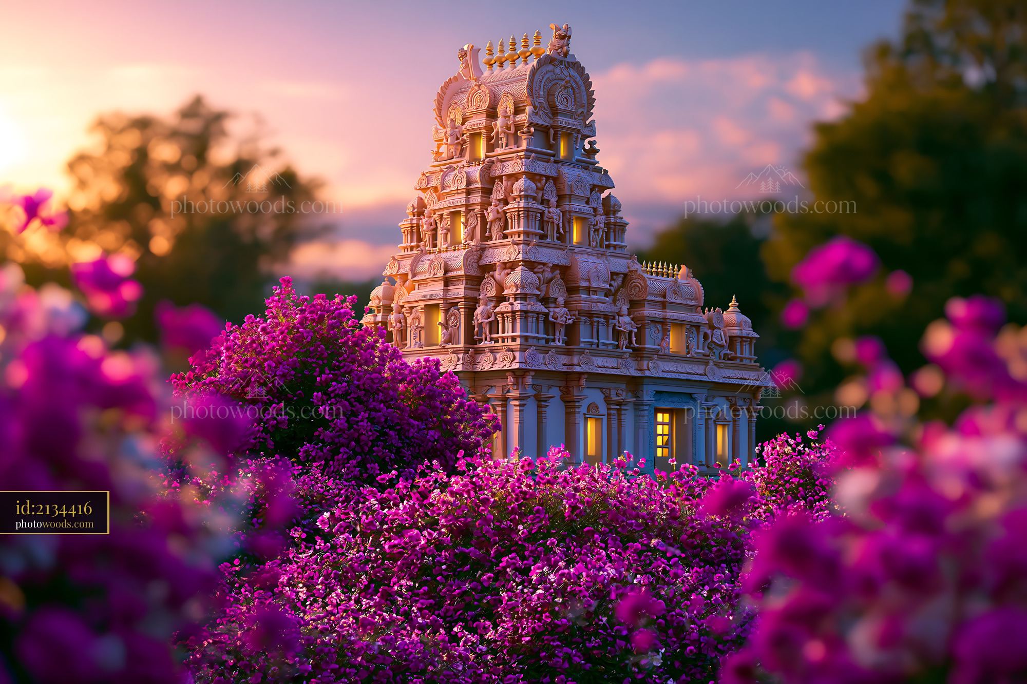 Architectural View of a Temple Surrounded by Purple Flowers