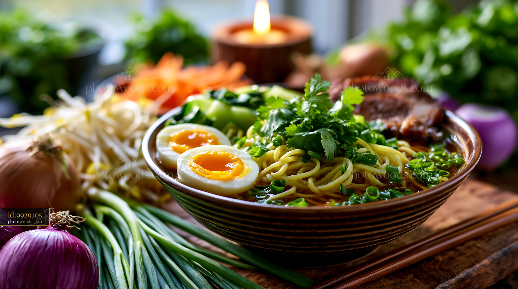 Bowl of Steaming Ramen With Soft Egg, Chashu, and Fresh Vegetables