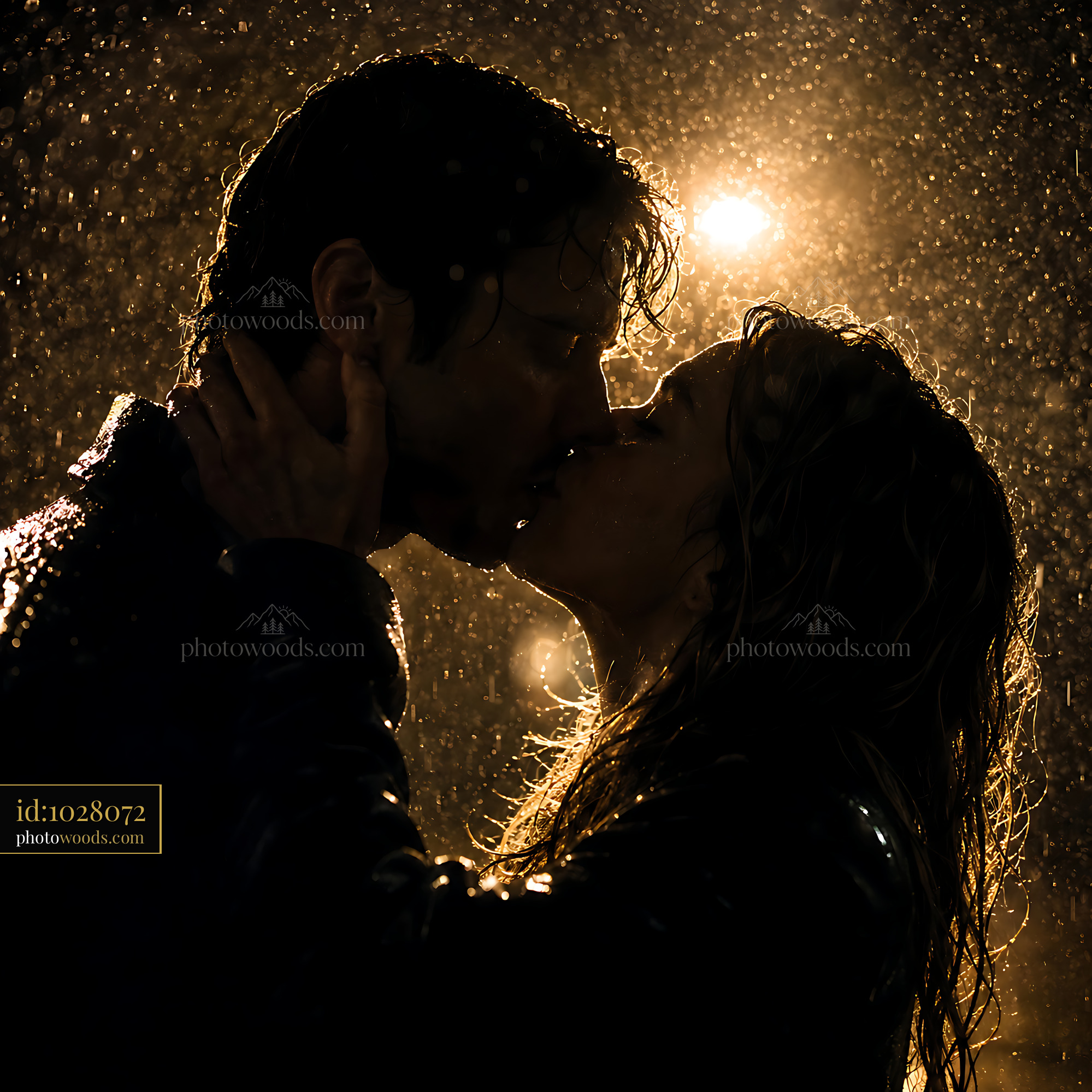 Couple Sharing a Kiss in the Rain Under a Streetlight Glow
