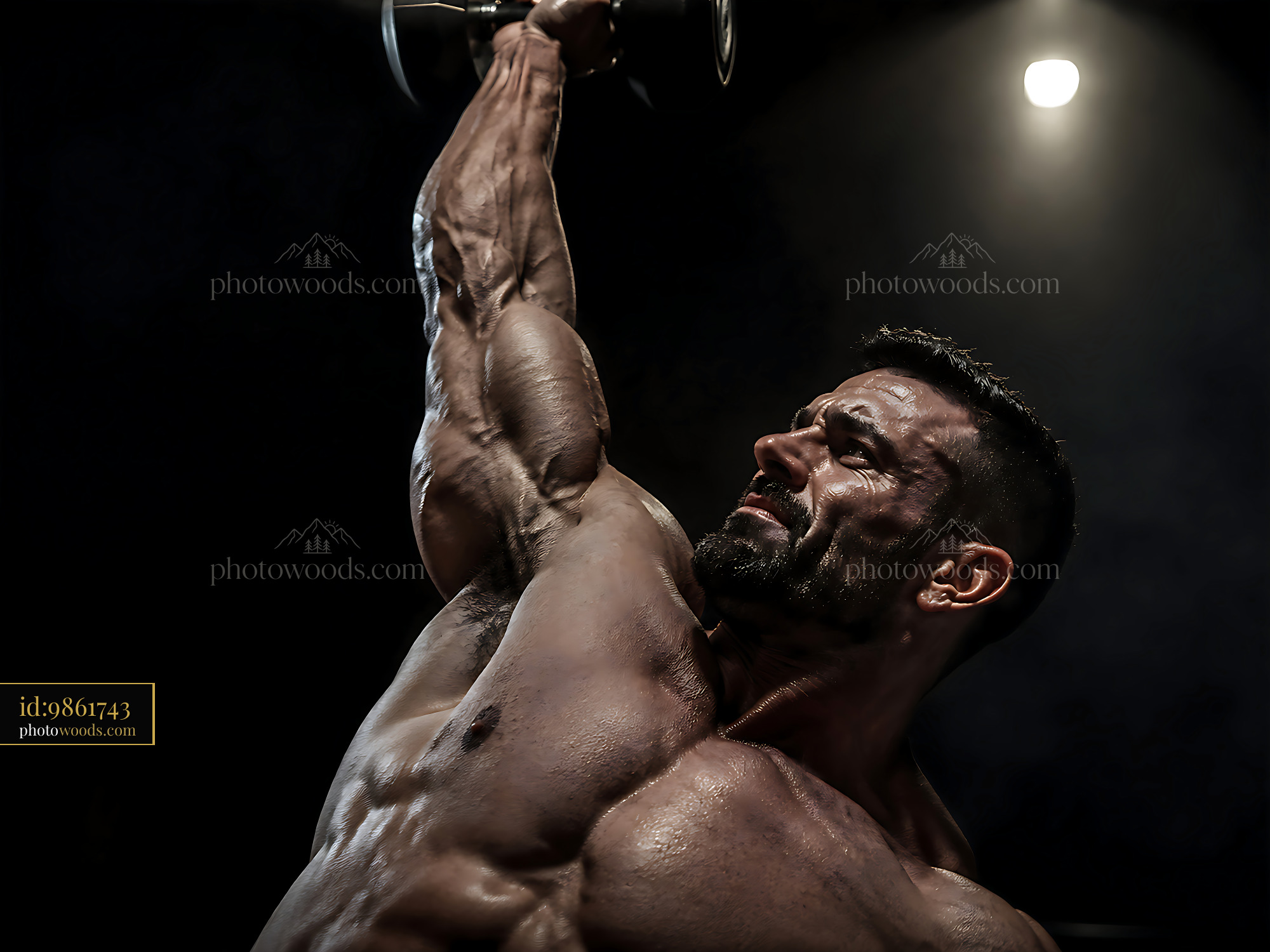 Man Lifting Dumbbell With Muscles Flexed in a Dark Gym Setting