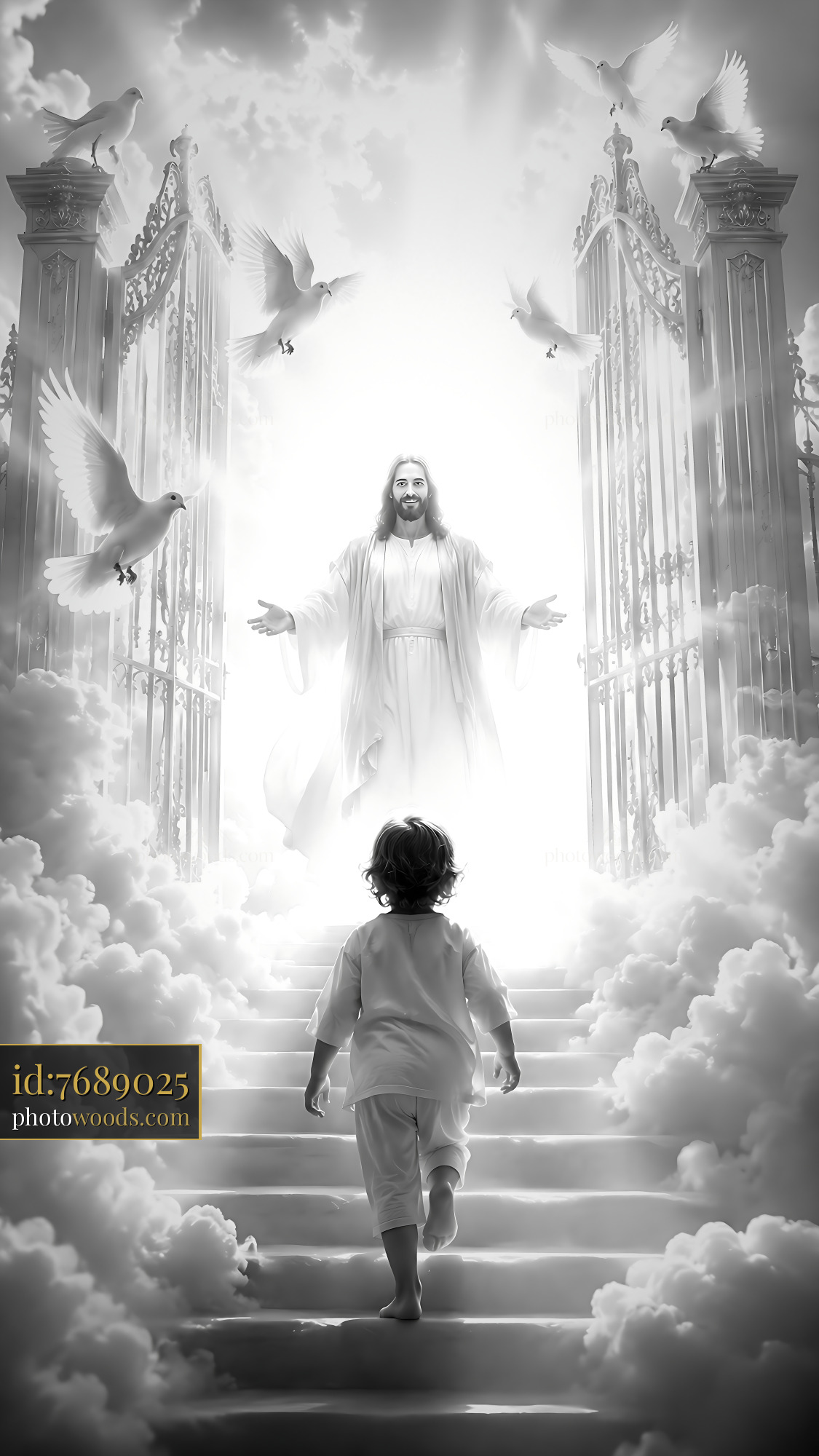 Child Walks Toward Light With Figure in White and Doves Flying