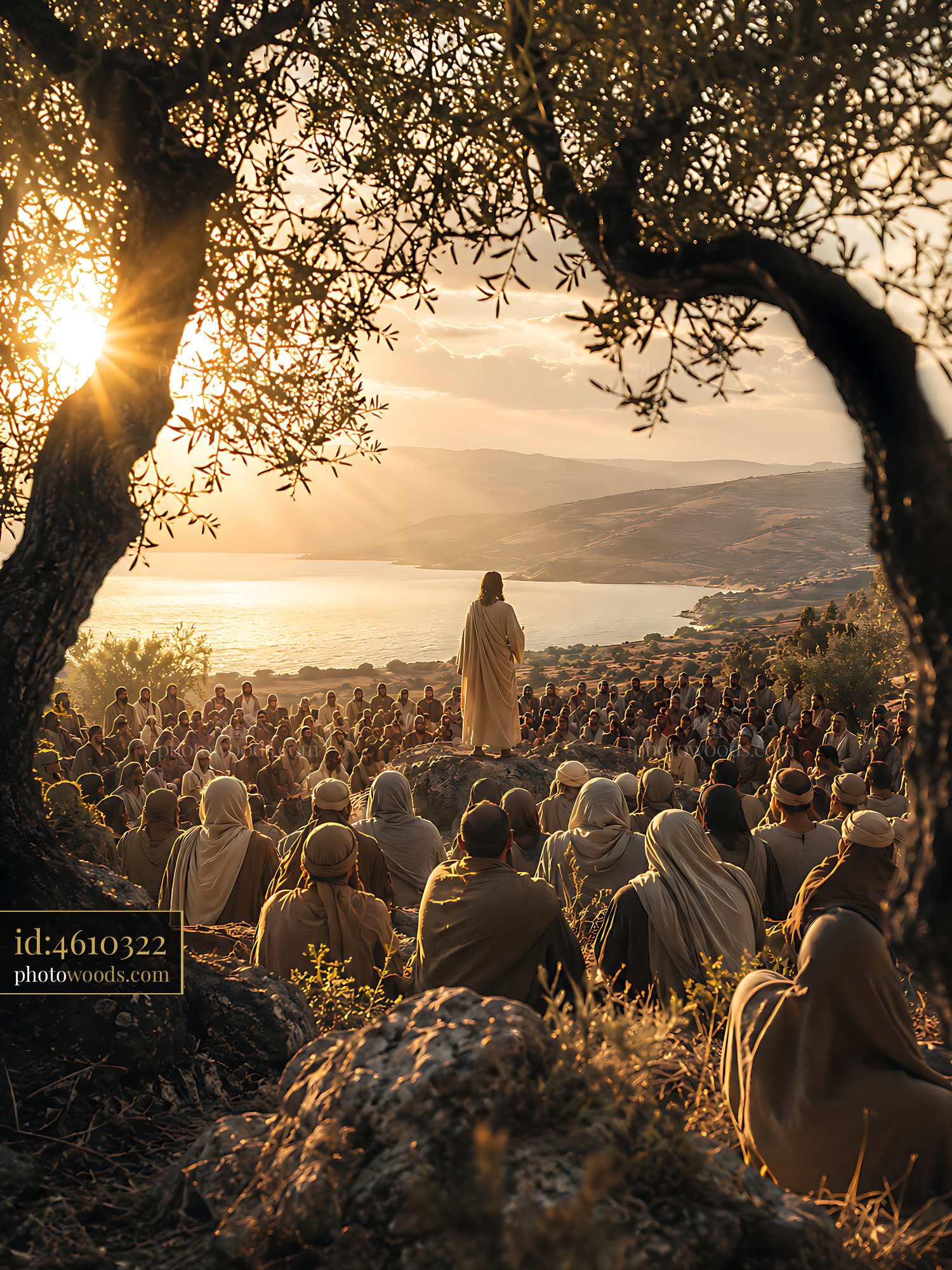 Jesus Speaks to a Large Crowd During Sunset Near the Lake
