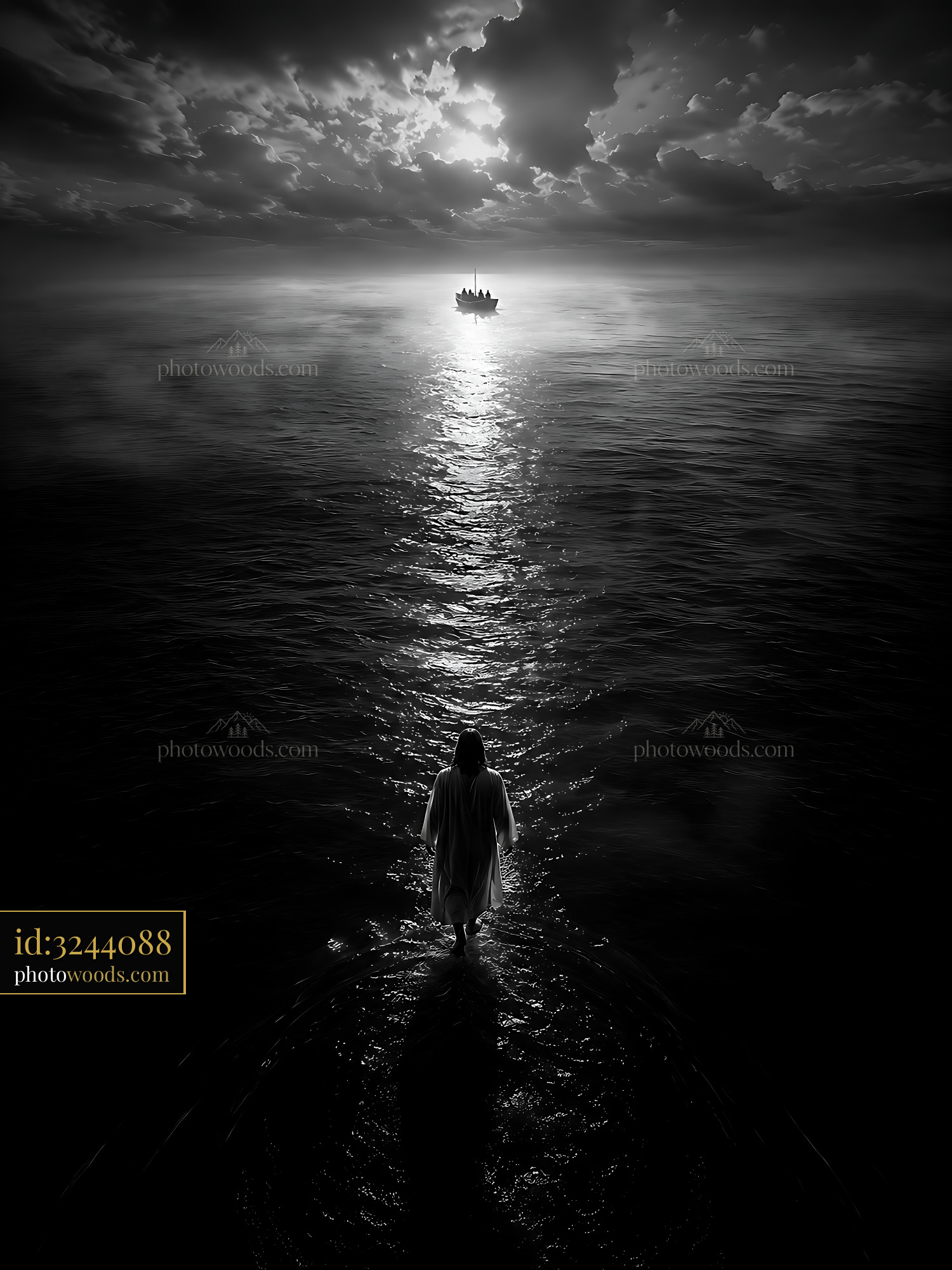 Figure Walks on Water Toward a Distant Ship Under Cloudy Sky